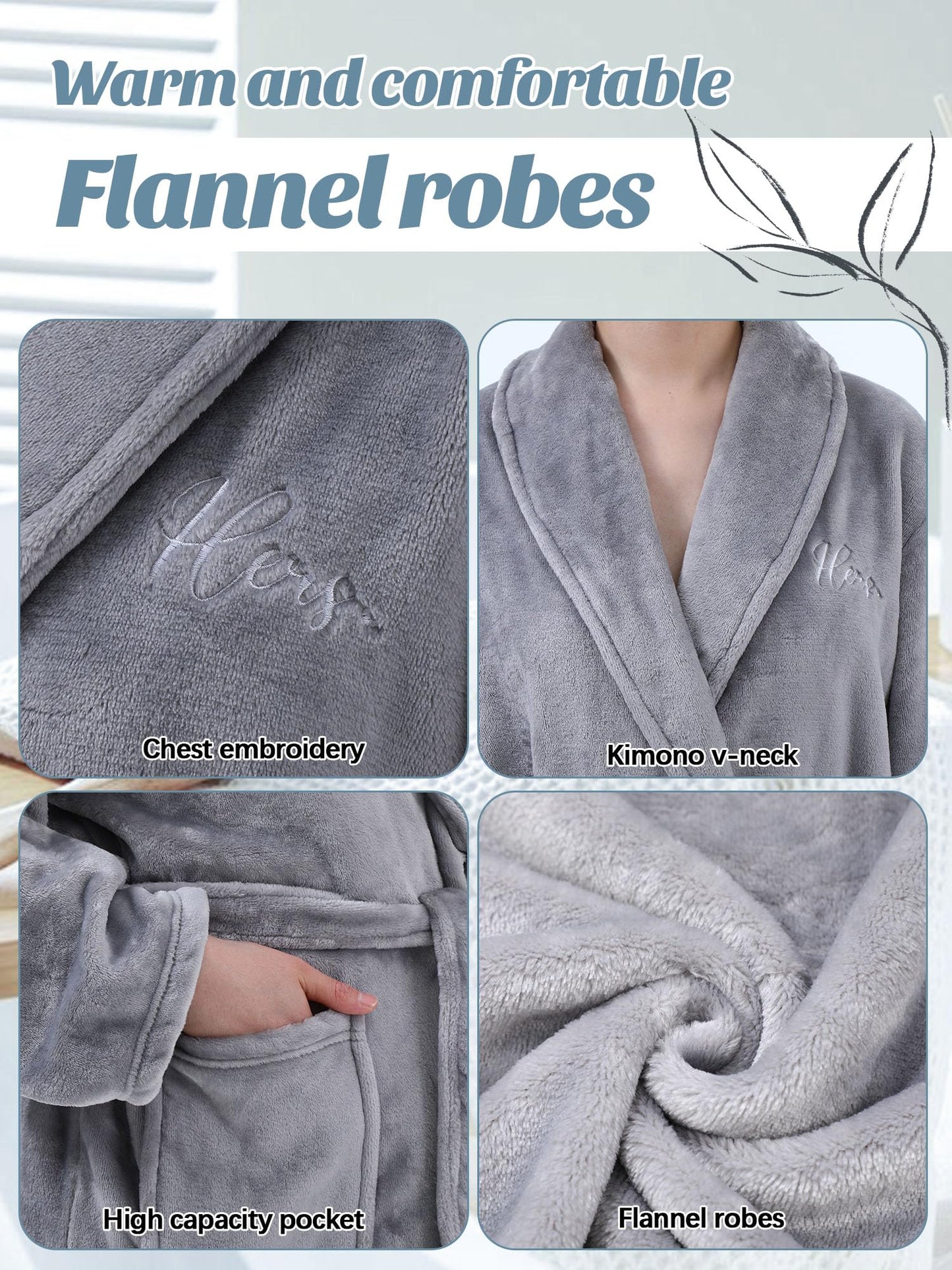 Jecery 2 Pcs His and Hers Robes for Couples Mr and Mrs Bathrobes Flannel Embroidered Matching Robes Wedding Engagement Gifts(Gray)