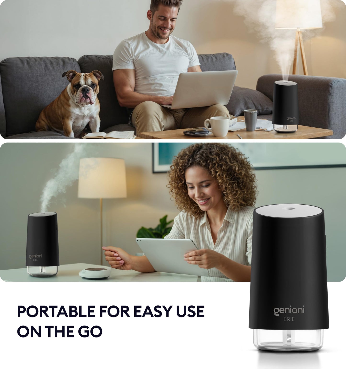 GENIANI Portable Small Cool Mist Humidifier β USB Powered (Not Rechargeable), Compact Desktop Humidifier for Plants, Office, Baby Room β Auto Shut Off & Night Light β Black, 0.25L