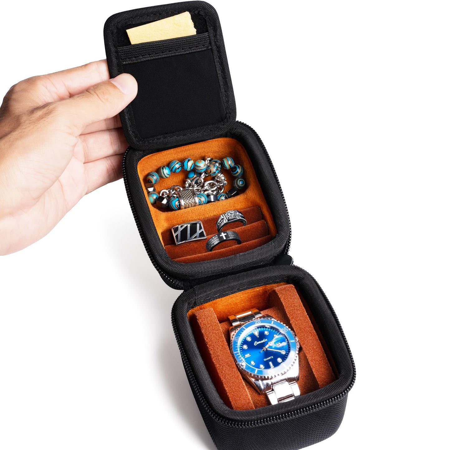 AMZSAFE single watch travel case, hard watch case with/compartment for jewelry organizer, rings bracelet cufflink organization