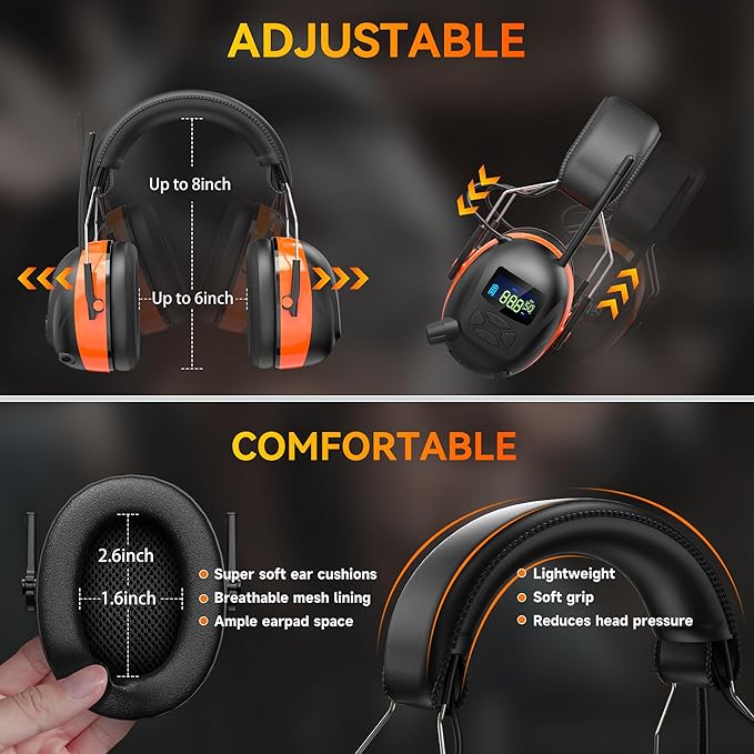 2025 AM/FM Radio Ear Protection Headphones with Backlit Digital Display, 120H Working Time, Rechargeable Hearing Protector, 30dB Noise Reduction Safety Earmuffs for Mowing, Construction, Work, Orange