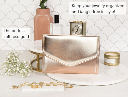 Altitude Boutique Travel Jewelry Organizer Roll Foldable Jewelry Case for Journey Packing Vacation-Rings, Necklaces, Bracelets, Earrings (Rose Gold, Medium)