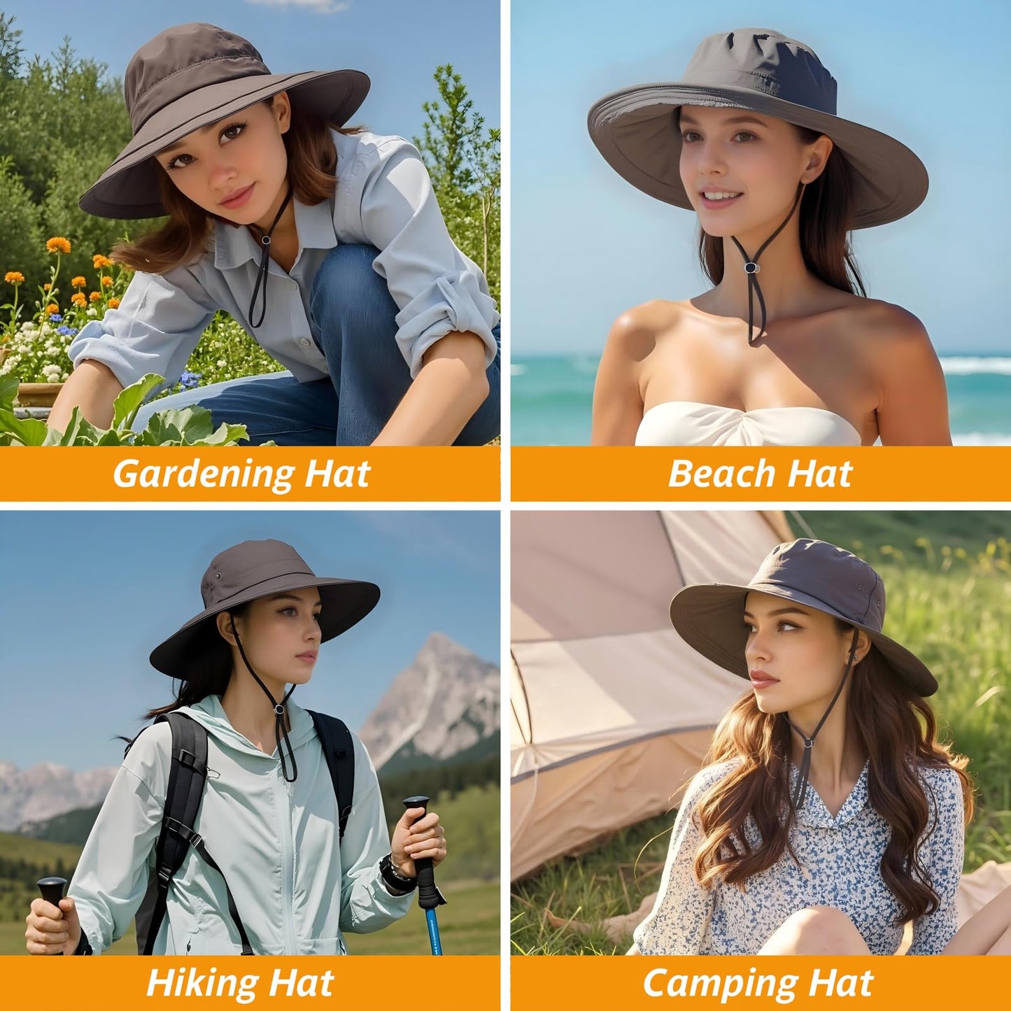 EINSKEY UPF 50+ Women's Sun Hat, Waterproof Wide Brim Bucket Hat, Ponytail Hole, Packable for Beach Hiking Fishing Gardening Dark Grey