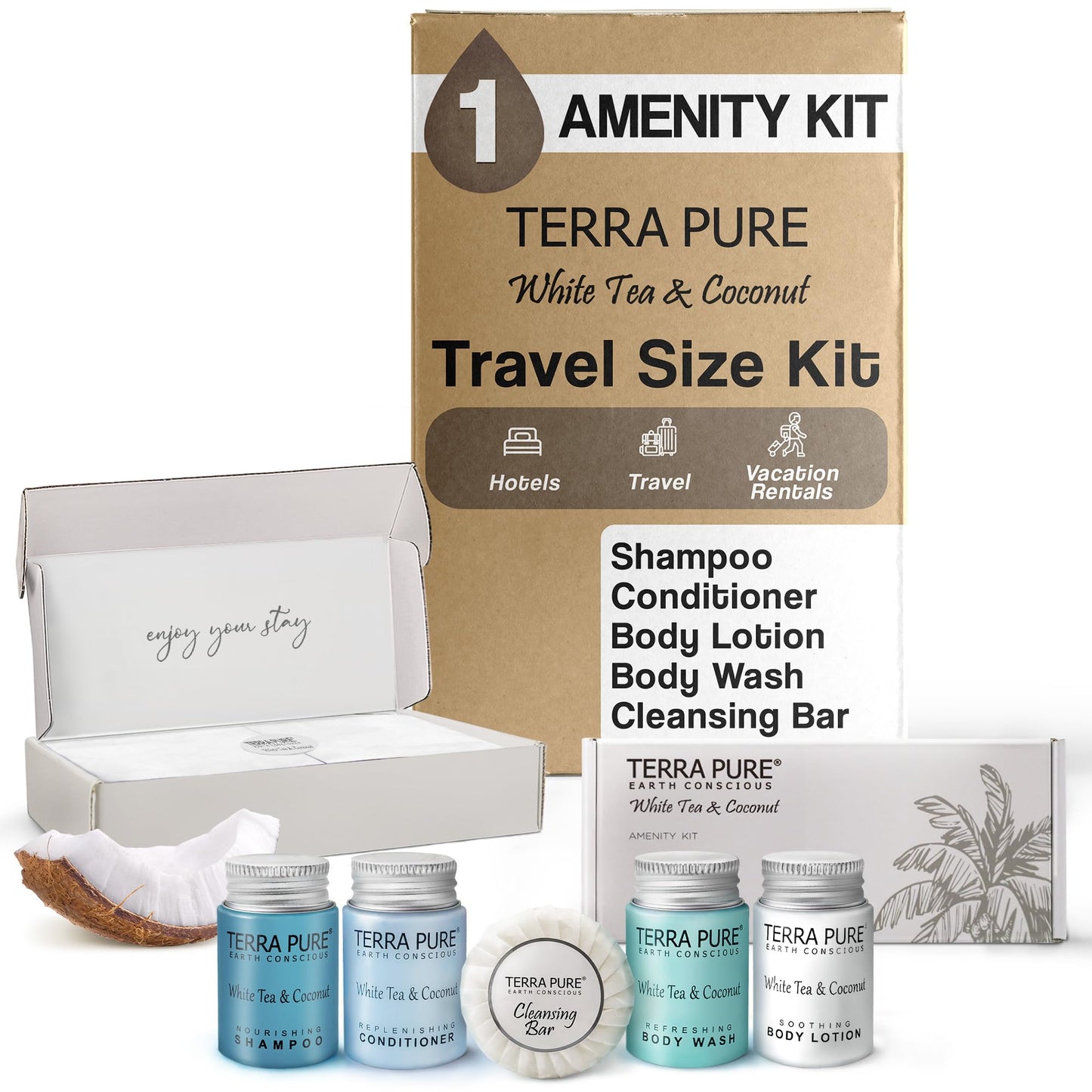 Terra Pure White Tea & Coconut Amenity Kit | Hotel Bulk Toiletries | 1 oz Shampoo, Conditioner, Lotion, Body Wash, Cleansing Bar for Guest Hospitality Vacation Rentals | 1 Set/Case