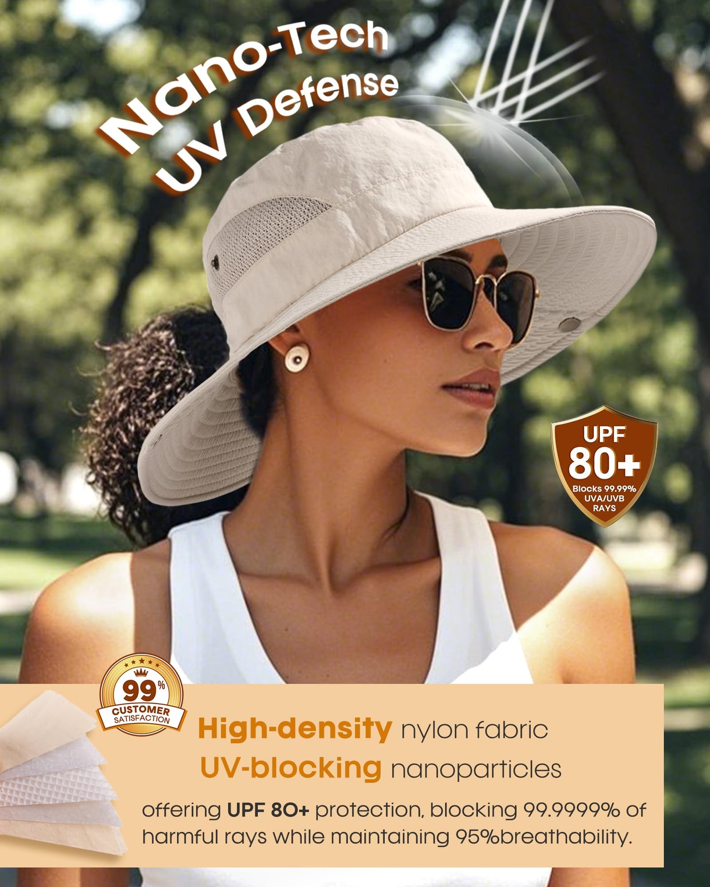 FURTALK Womens Sun Hat Beach Summer Wide Brim UPF 50+ Outdoor Protection Foldable Lightweight Ponytail Bucket Hat Beige, One Size