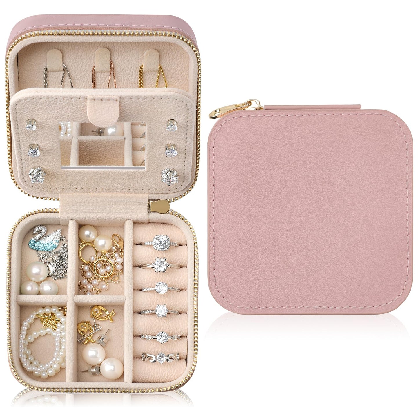 NGVRC Genuine Leather Travel Jewelry Case Organizer with Mirror for Women, Small Jewelry Box Portable Mini Jewelry Case for Earring, Ring, Necklace, Bracelet(Pink)