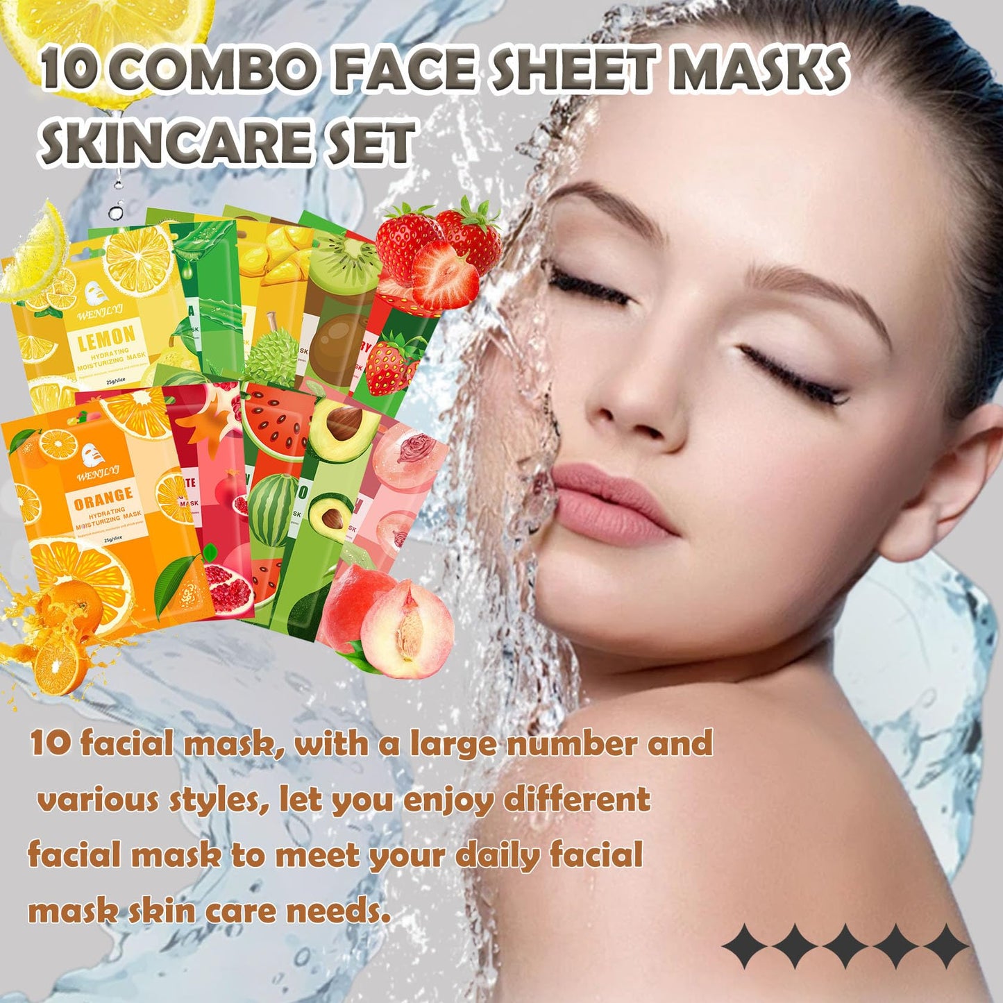 WENJLYJ 10 Combo Face Sheet Masks Skincare Set,Moisturizing Face Mask Skin Care Kit,Hydrating Facial Mask Gift Set for Women,Mom,Men,Wife & Girlfriends