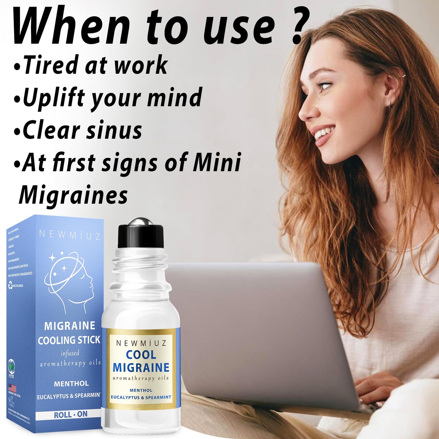 Cool Menthol Migraine Roll on Stick Natural Fast Cooling Peppermint Eucalyptus Aromatherapy Essential Oil for Headache Perfect Selfcare Gift Men Women