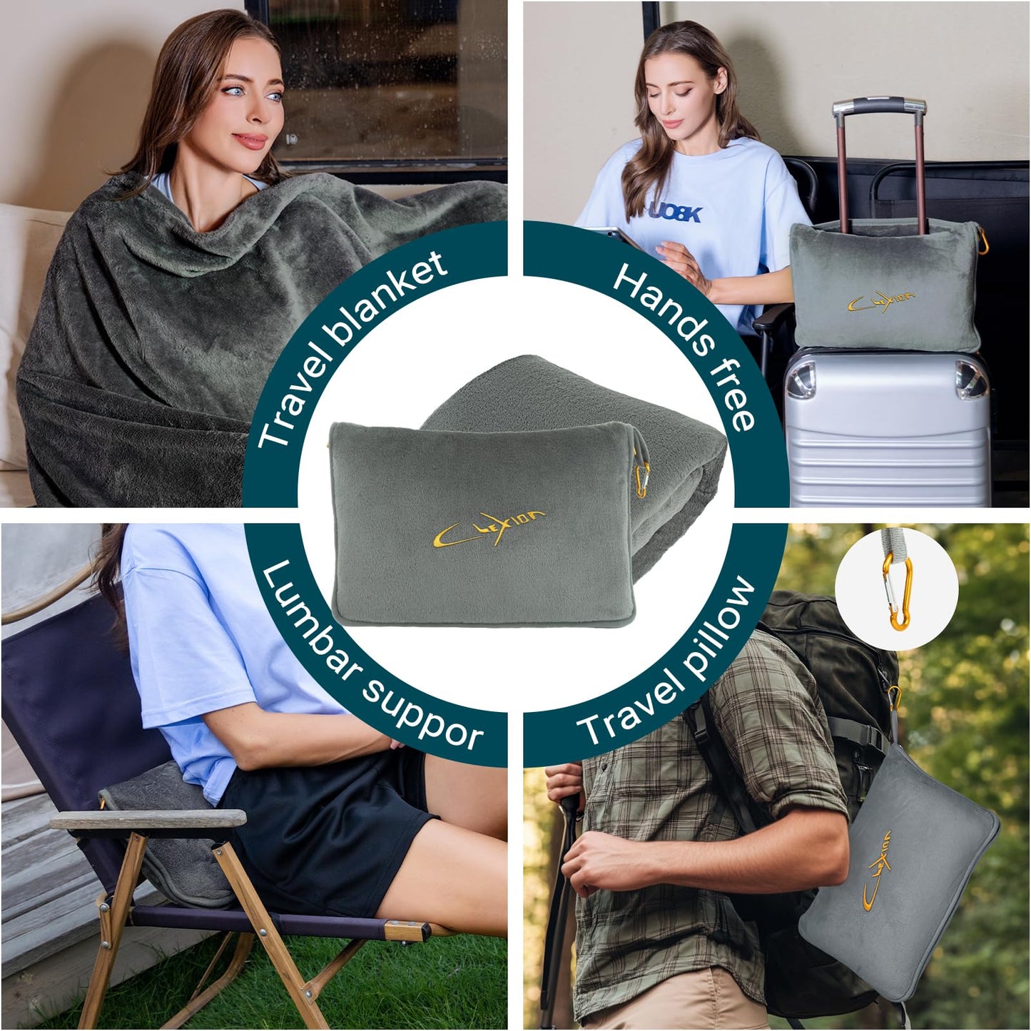 CLEXION Travel Blanket & Pillow Set, 300 GSM Soft Fleece, 60x43 Inches, 3-in-1 Airplane Blanket, Travel Pillow and Blanket Set, Travel Blanket Airplane Compact with Bag, Travel Essentials, Grey