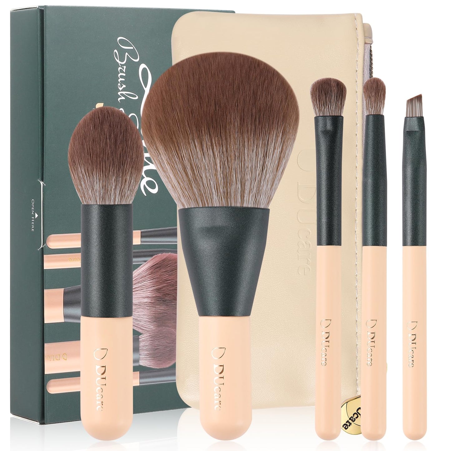 DUcare Travel Makeup Brushes Set with Bag,5PCS Portable Mini Cosmetic Brushes Kit for Powder,Blush,Foundation, Eyeshadow, Tapered Kabuki Coverage Mineral Bronzer Buffing Brush Green