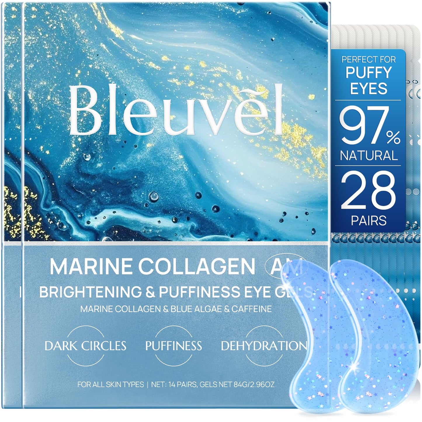Under Eye Masks - Eye Patches for Puffy Eyes and Dark Circles, Wrinkles with Blue Algae Extract Collagen & Caffeine - Travel Essential Eye Gels for Puffiness (Blue Algae, 28 Pairs)
