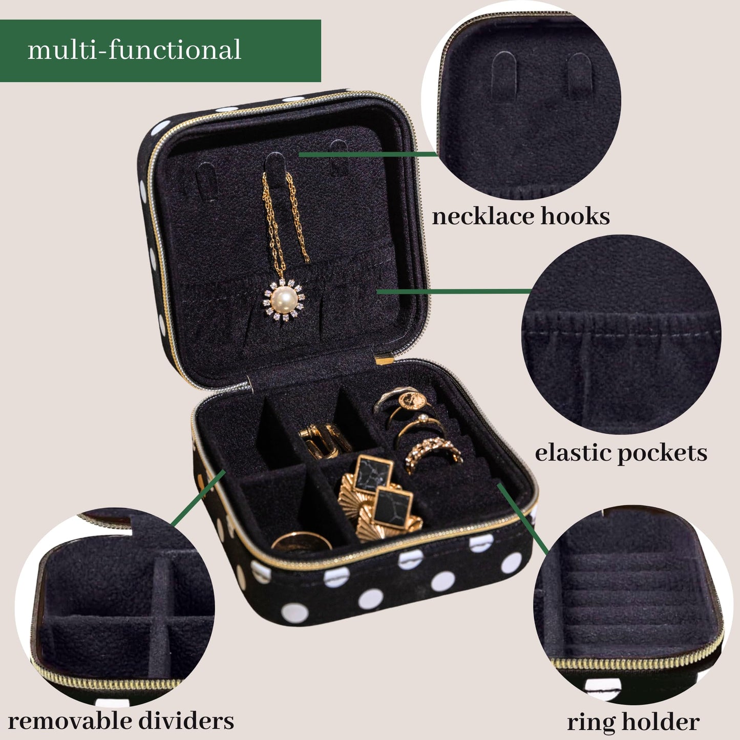 kate spade new york Small Travel Jewelry Case, Black Dotted Jewelry Box to Organize Rings, Necklaces, Earrings, Polka Dot