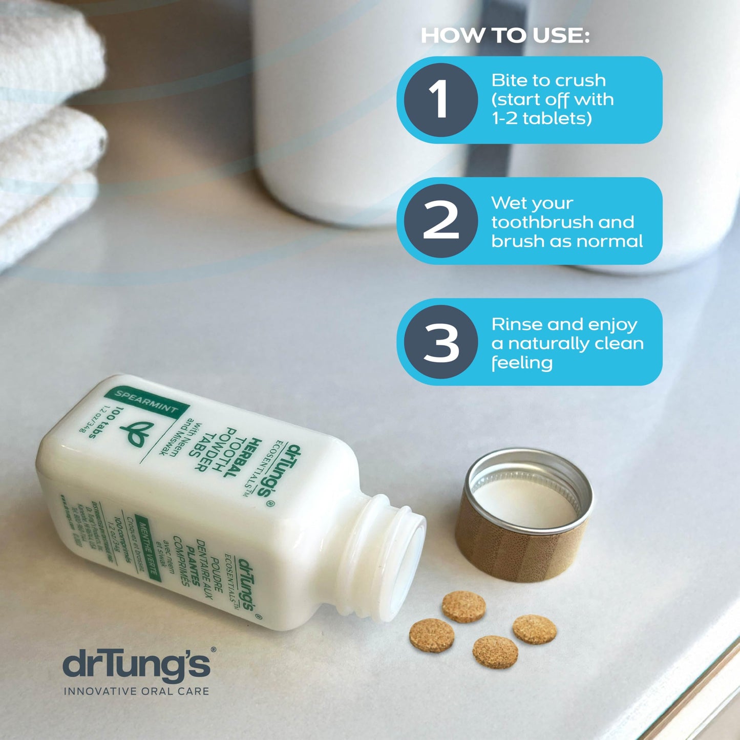 drTung's Herbal Toothpaste Tablets - Toothpaste Tabs for Dry Mouth Relief, Natural Tooth Powder Tablets for Fresh Breath, Fluoride Free, Travel Size, Vegan, Non-GMO - Spearmint (100 Tabs)