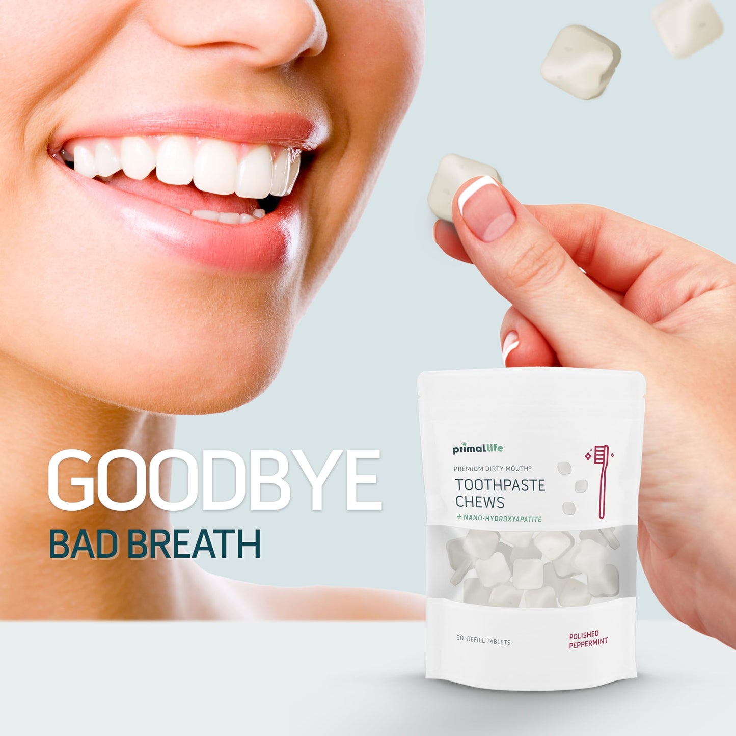 Primal Life Organics Premium Dirty Mouth Toothpaste Chews – Nano-Hydroxyapatite Whitening Toothpaste Tablets for Adults - Gluten Free, Vegan, Paleo - 60 Tablets in Bag - Polished Peppermint