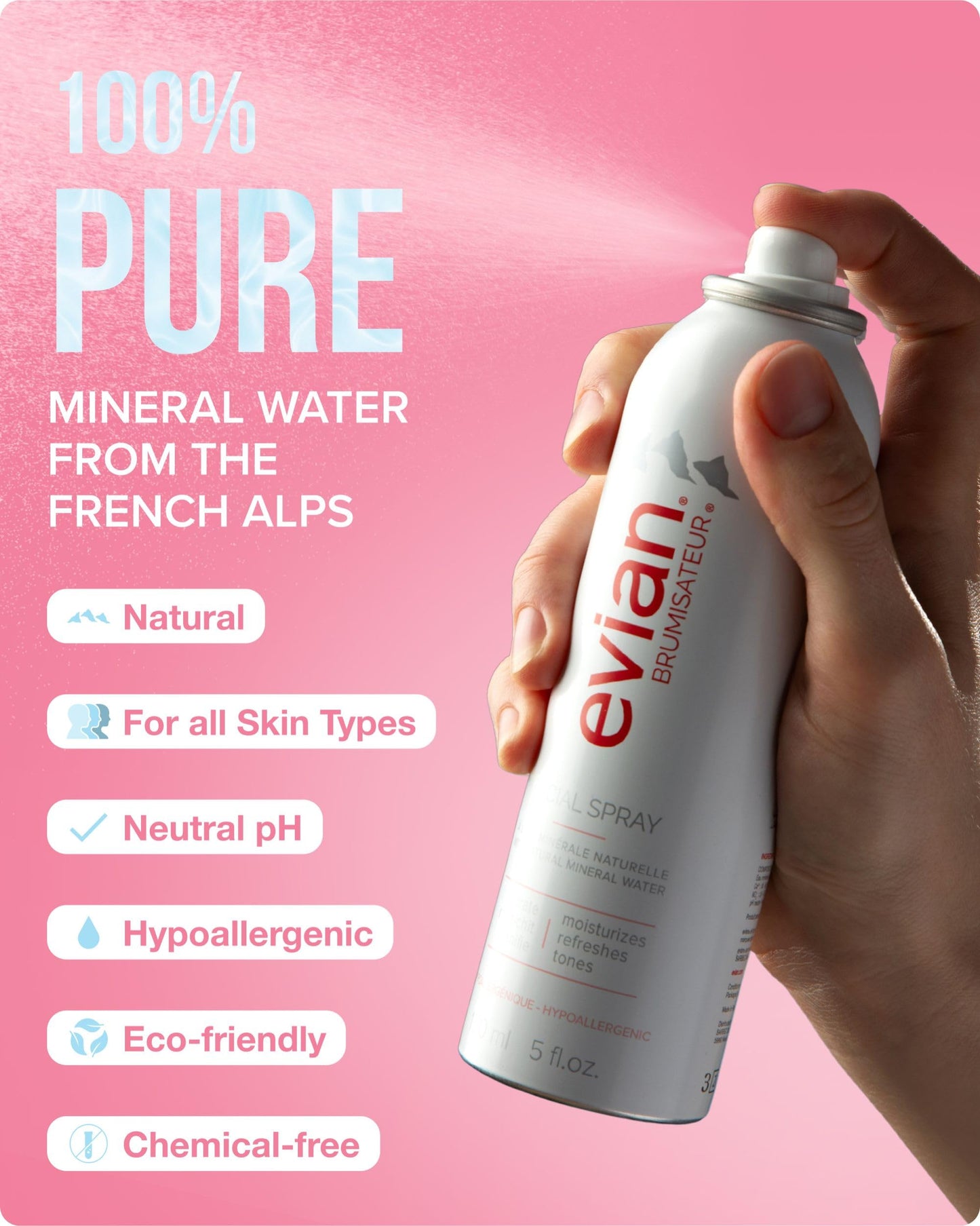 Evian Facial Spray 5 oz - Hydrating Mineral Water Mist for Face & Skin - Refreshes Makeup, Sets, & Tones - Skincare Mist for Daily Hydration and On-the-Go Moisturizing Relief