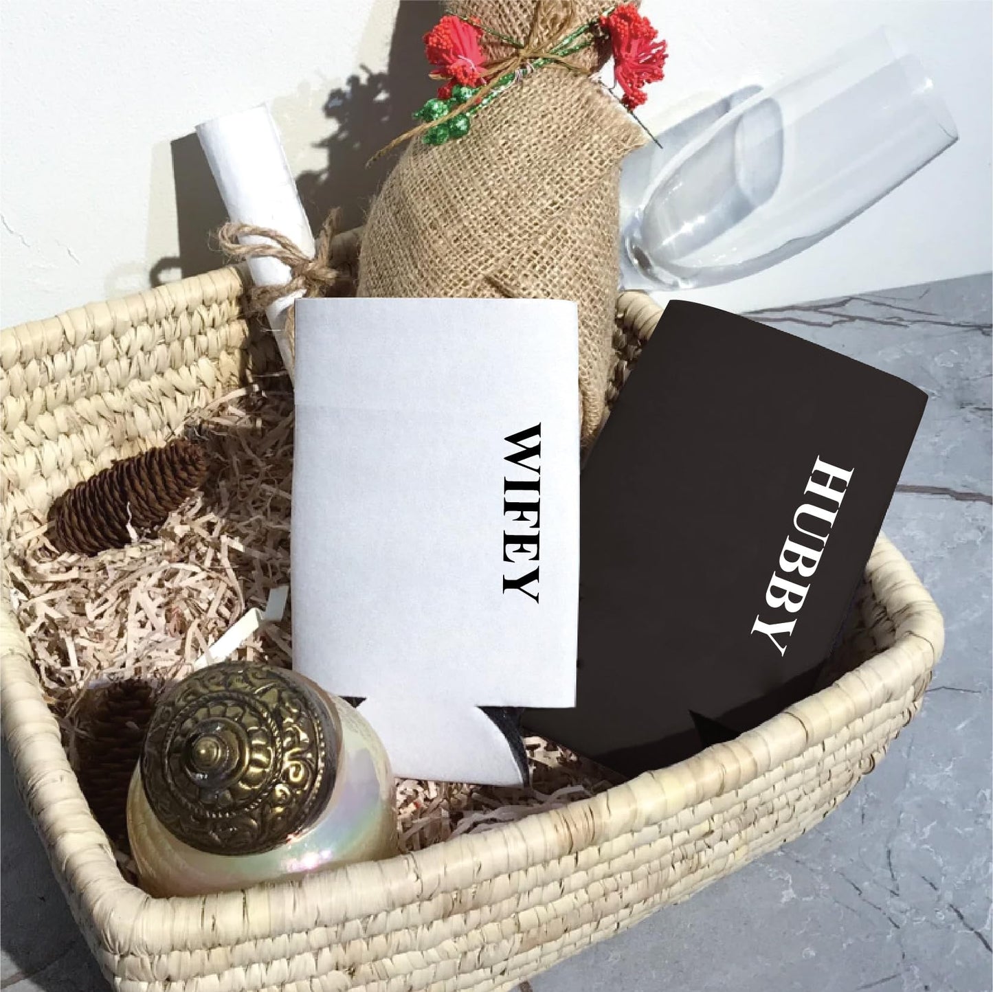 PartyGifts&beyond Honeymoon Essentials Hubby and Wifey Gifts Slim Can Coolers Wedding Can Coolers Engagement Gifts for Couples(HW-TR)