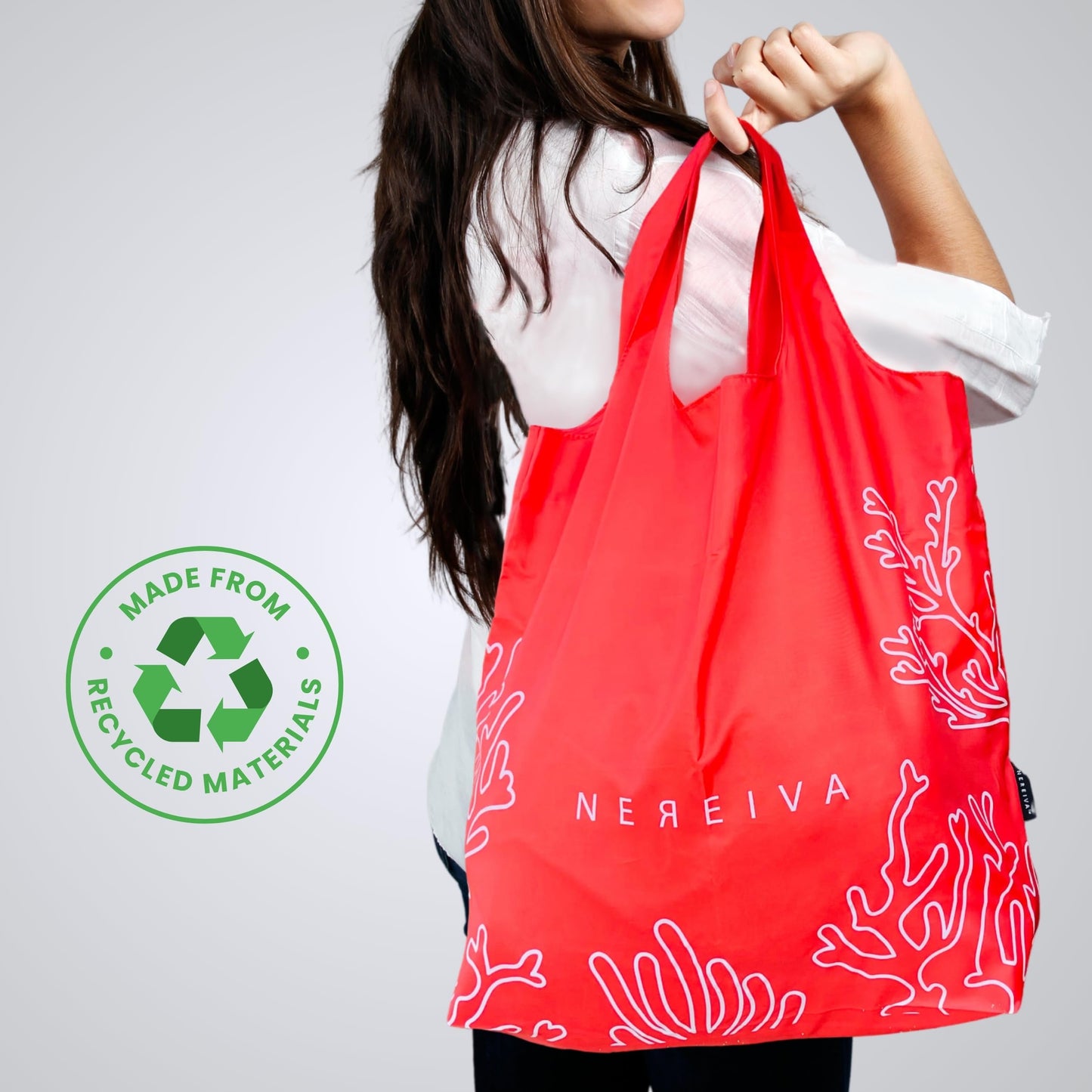 Nereiva 55 Pound Reusable Shopping Bag Coral Pink - Foldable into a Small attached Pouch - Reinforced Handles - Washable Reusable Grocery Bag, Durable Packable Tote for Travel, Shopping and Groceries.