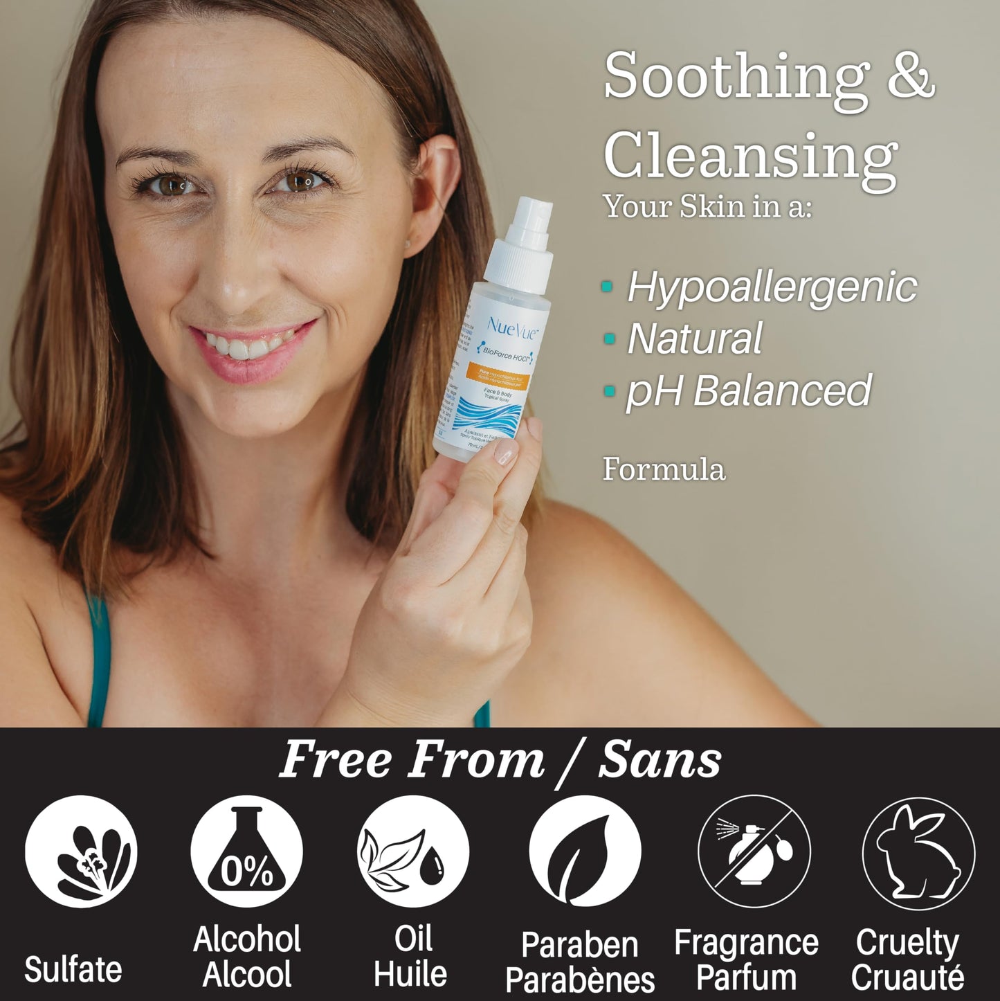 BioForce HOCl - Pure Hypochlorous Acid Spray for Face Travel Size Toner & Cleanser - Made in Canada - Acne-Prone Skin & Eczema, Piercing aftercare, pH Balanced, Non-comedogenic - NueVue (2.3 oz)