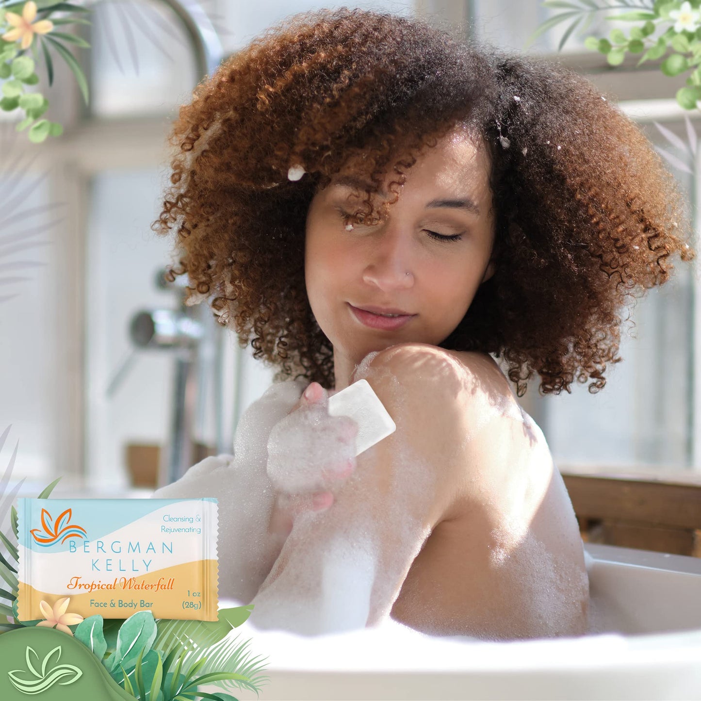 Bergman Kelly - Hotel Toiletries Bundle - Tropical Waterfall, 1 oz each, 100 Pcs - 4-Piece Set: 25 Rectangular Bar Soap, 25 Shampoo, 25 Conditioner & 25 Body Lotion - Bulk Mini Guest Amenities Supply