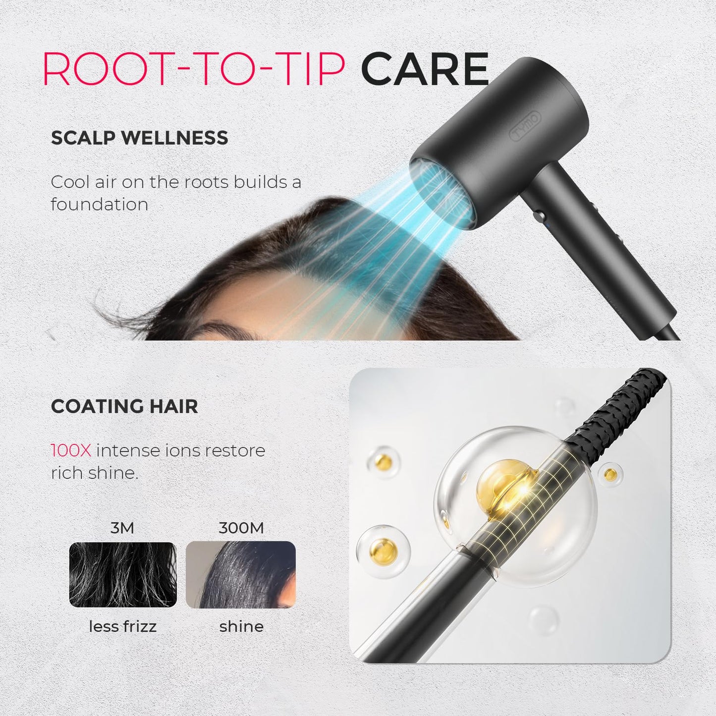 TYMO Diffuser Hair Dryer Blow Dryer - 300 Million Ionic Hairdryer with Diffuser & Comb Attachment for Curly Hair, Professional Blowdryer for Women, Cool Air Button, Small Travel Lightweight, Black