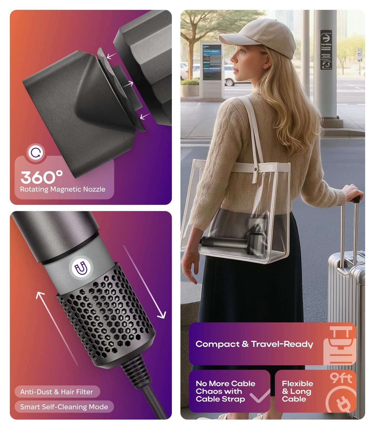 BIZOND Ionic Hair Dryer Premium Quality, High-Speed Professional Brushless Motor 110,000 RPM, 1600W Power, 9 ft Long Cord and Magnetic Nozzle, Lightweight Blow Dryer, Ultra Quiet Fast Drying (Gray)