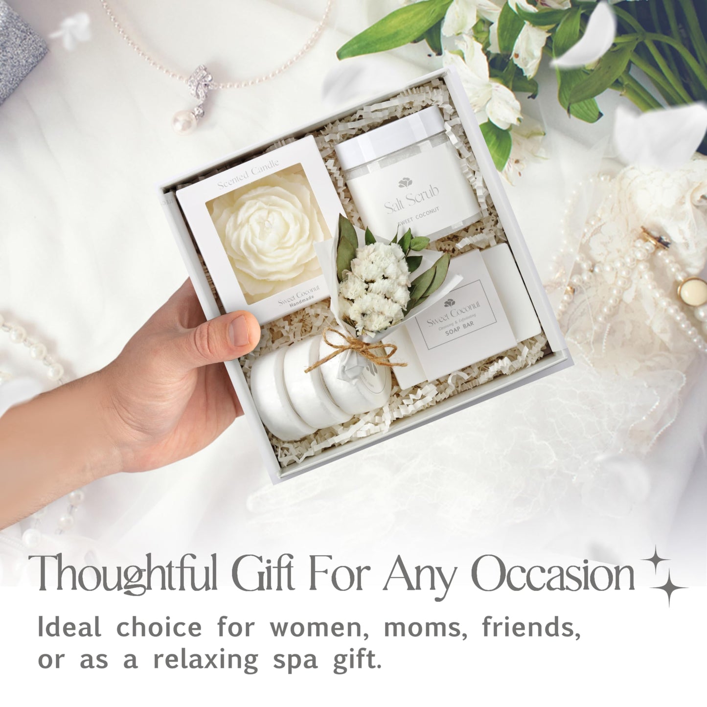 Sweet Coconut Spa Gift Set for Women – Relaxation Gift Basket with Candle, Soap, Salt Scrub & Shower Steamers – Birthday, Thank You, Bridal Shower & Self Care for Mom, Wife, Sister, Friend