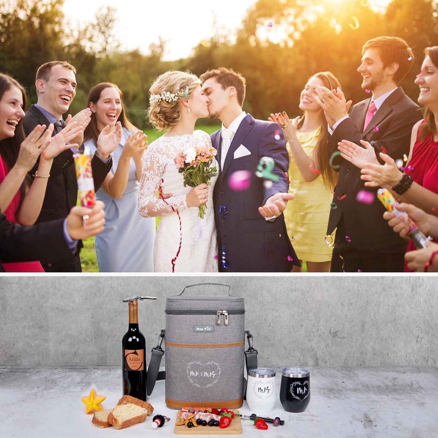 Hap Tim Wedding Gifts for Couples, Bridal Shower Gifts, Engagement Gifts for Newlyweds, Mr and Mrs gifts - Wine Cooler Bag Insulated Wine Carrier Tote with Tumblers, Bamboo Cheese Borad (13624-G1)