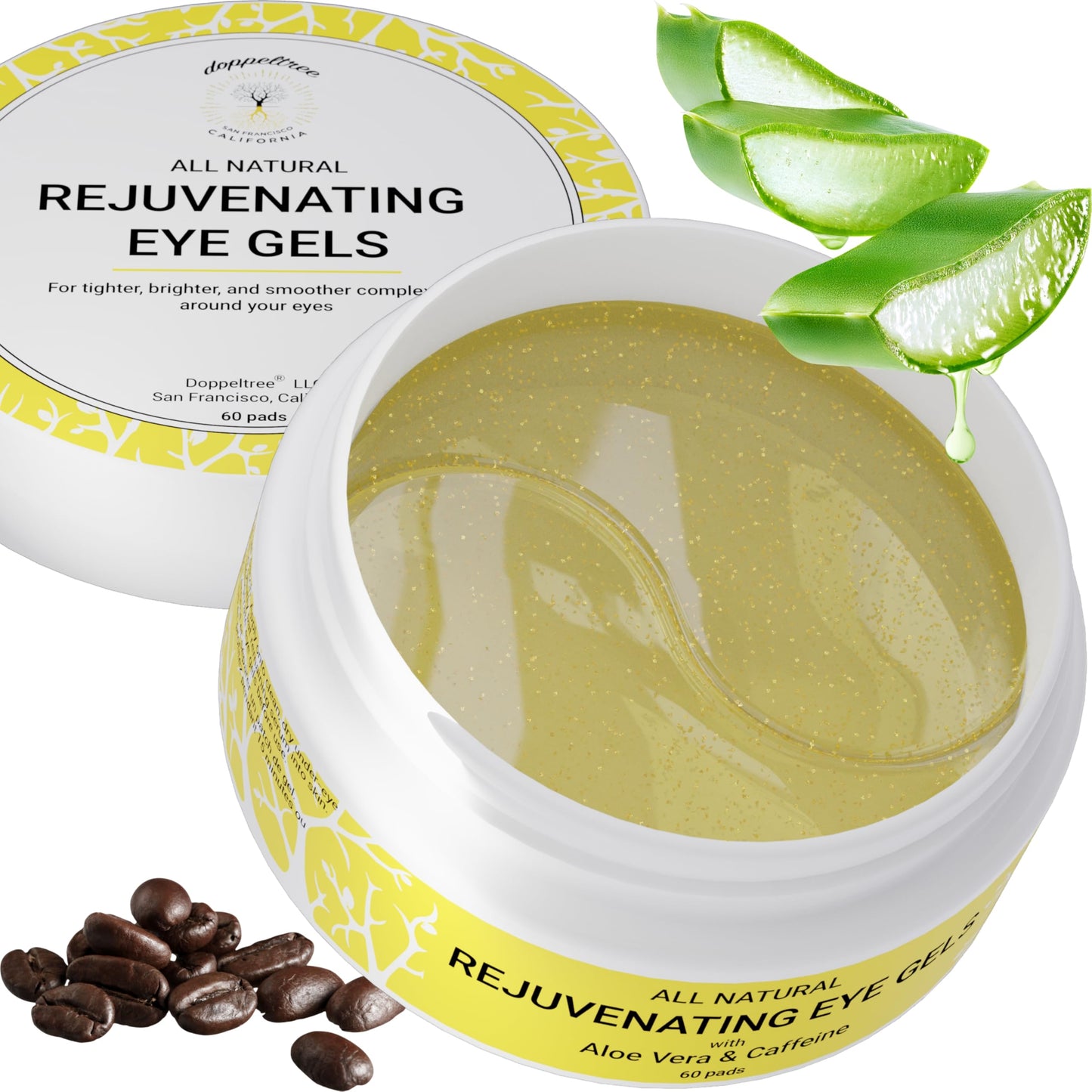 Doppeltree All Natural Caffeine Under Eye Patches & Hydrogel Masks (60 Pads) - Anti Aging Treatment for Crow Feet, Puffiness, Wrinkles, Dark Circles- Formulated in San Francisco