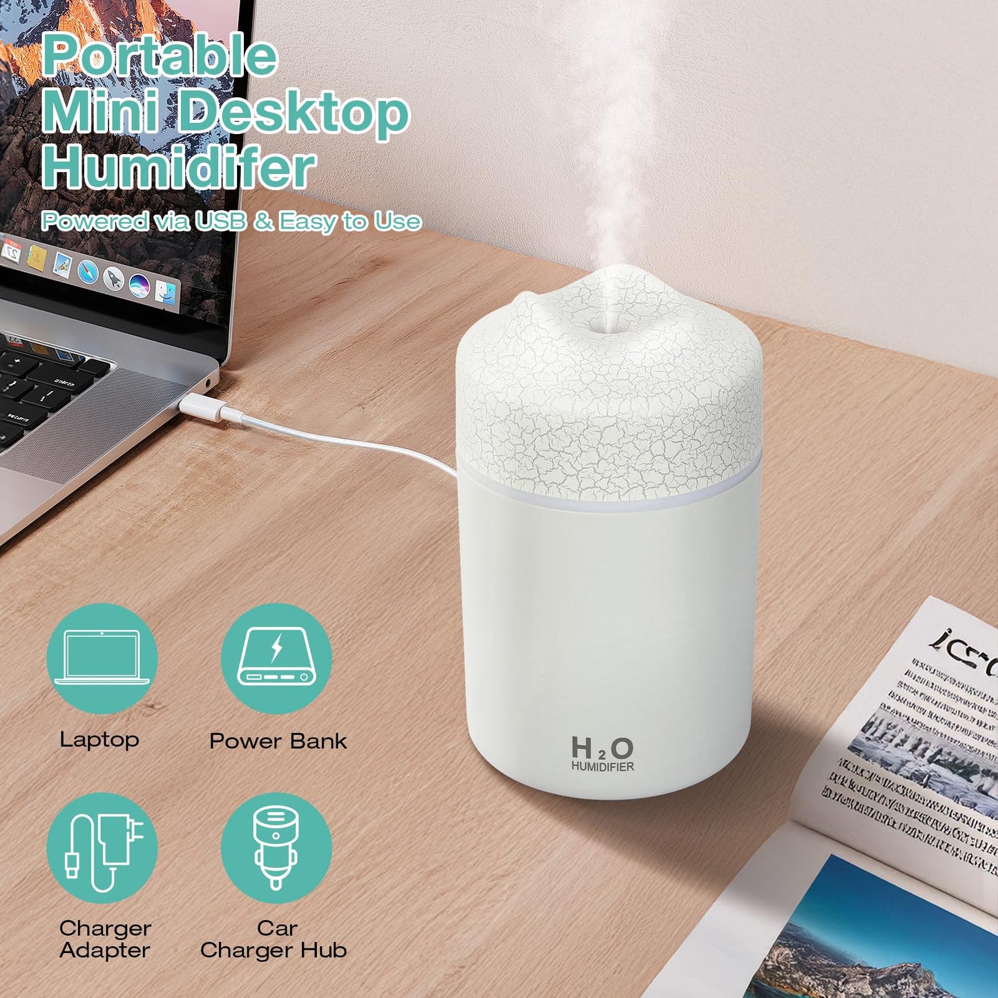 Portable Mini Humidifier, 300ml USB Personal Desktop Small Humidifier, Cool Mist Humidifiers for Bedroom Car Office Travel, Auto Shut-Off, 2 Mist Modes Quiet (White)