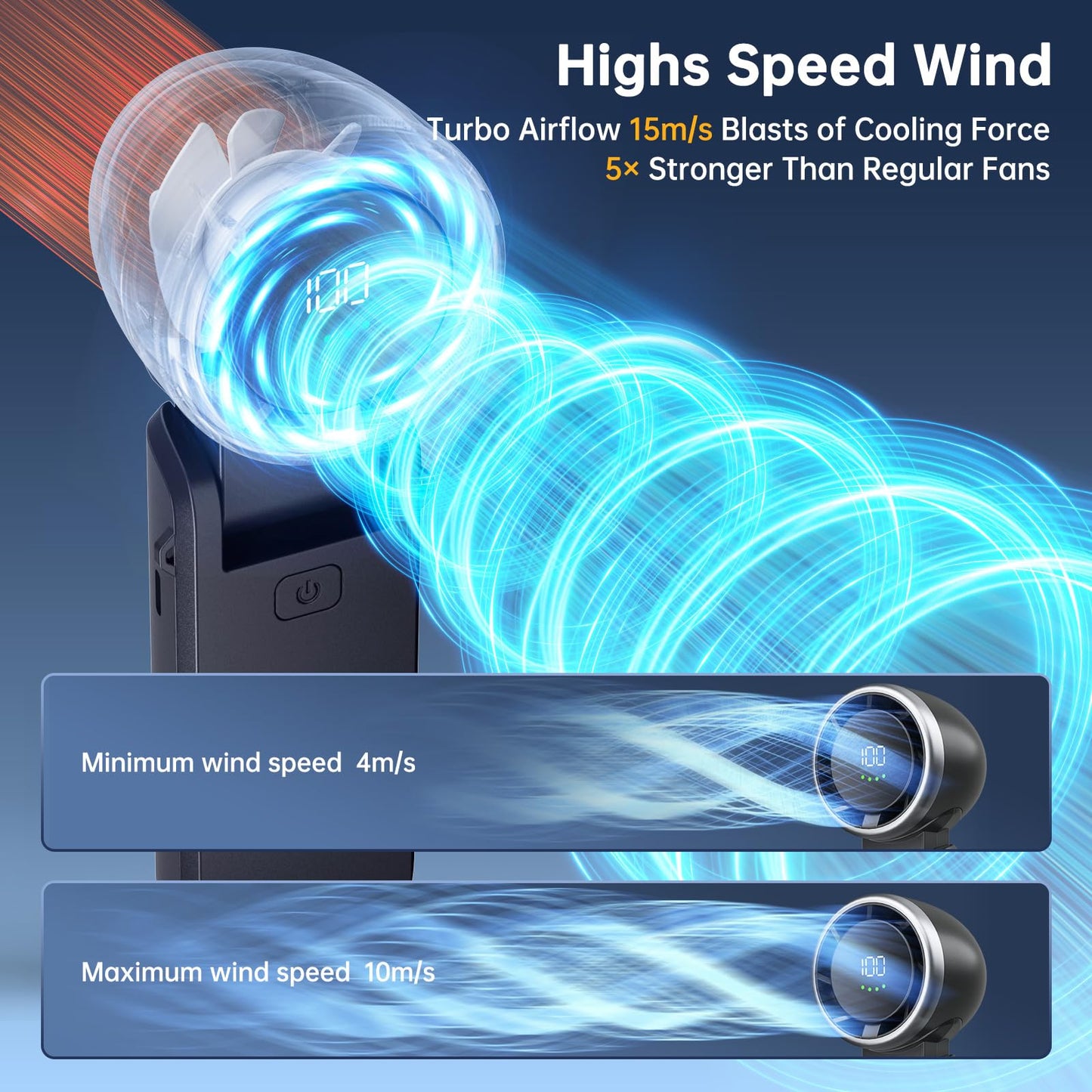 Portable Handheld Turbo Fan,5 Wind Speeds and Stepless Adjustable 100 Gear,Rechargeable Personal Hand Fan, 5000mAh High Speed Fann with Air Turbo Tech,Pocket Travel Fans for Outdoor/Indoor (black)