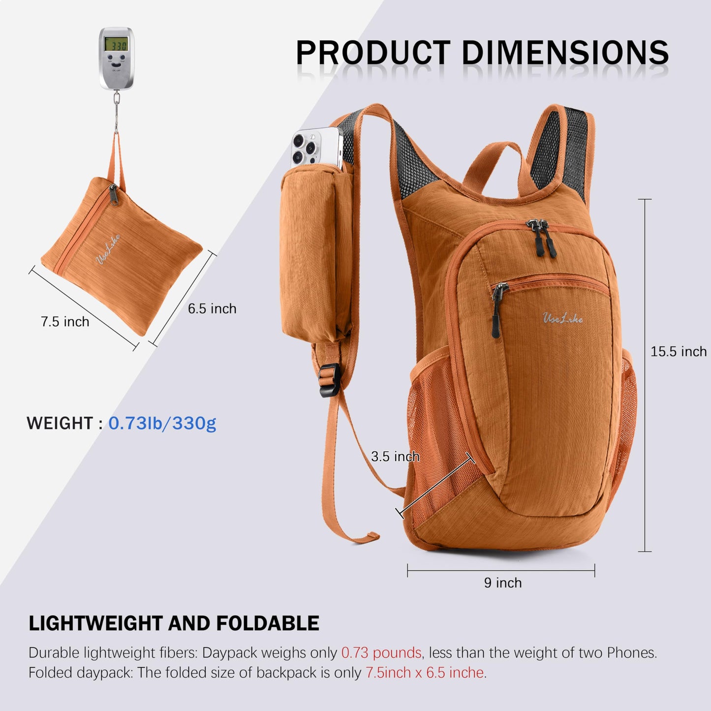 Uselike 10L Small Hiking Backpack Travel Daypack Lightweight Packable Back Pack for Women Men(Orange)