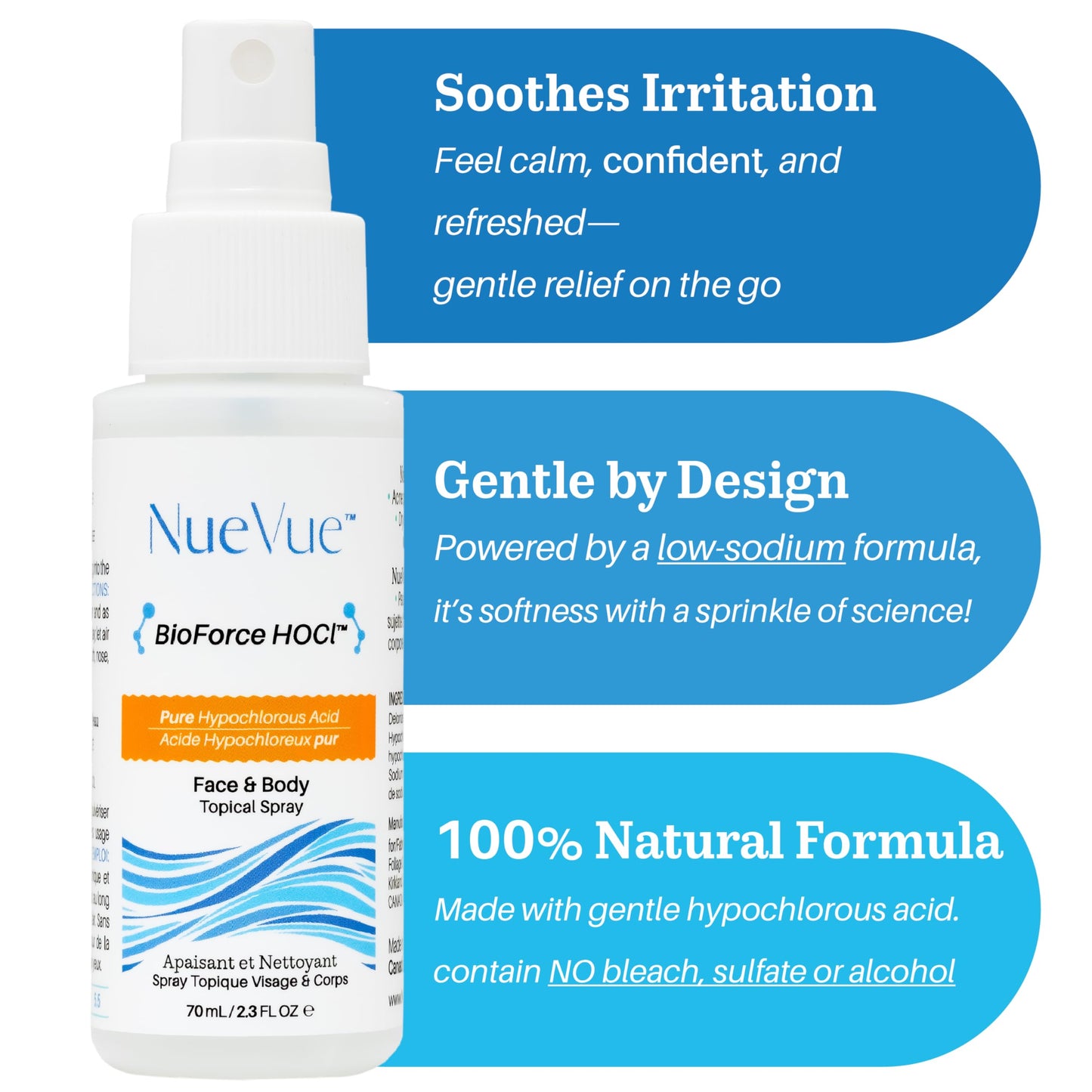 BioForce HOCl - Pure Hypochlorous Acid Spray for Face Travel Size Toner & Cleanser - Made in Canada - Acne-Prone Skin & Eczema, Piercing aftercare, pH Balanced, Non-comedogenic - NueVue (2.3 oz)