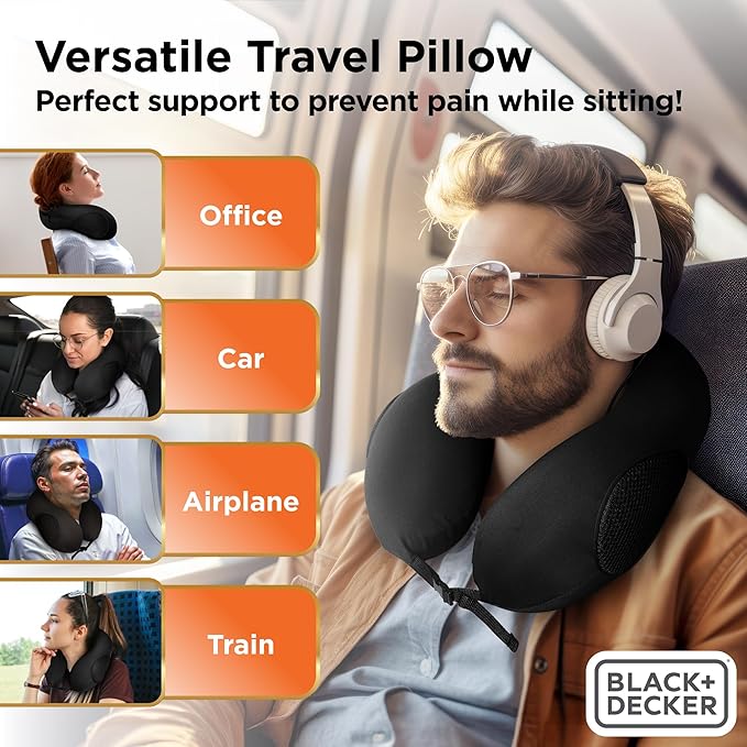 BLACK+DECKER Memory Foam Travel Neck Pillow Travel Pillow for Plane, Car & Train| Ice Silk Cooling Fabric, Ergonomic Design, Neck Support, Washable Cover,Black