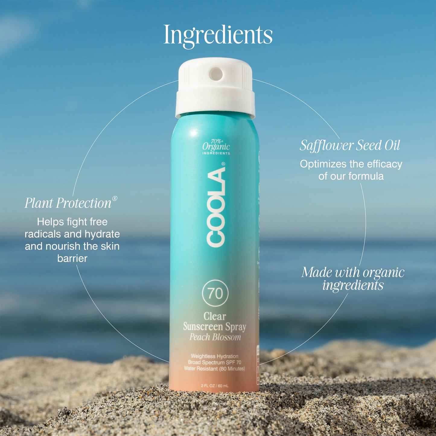 COOLA Organic Sunscreen SPF 70 Sunblock Spray, Dermatologist Tested Skin Care for Daily Protection, Vegan and Gluten Free, Peach Blossom, 2 Fl Oz