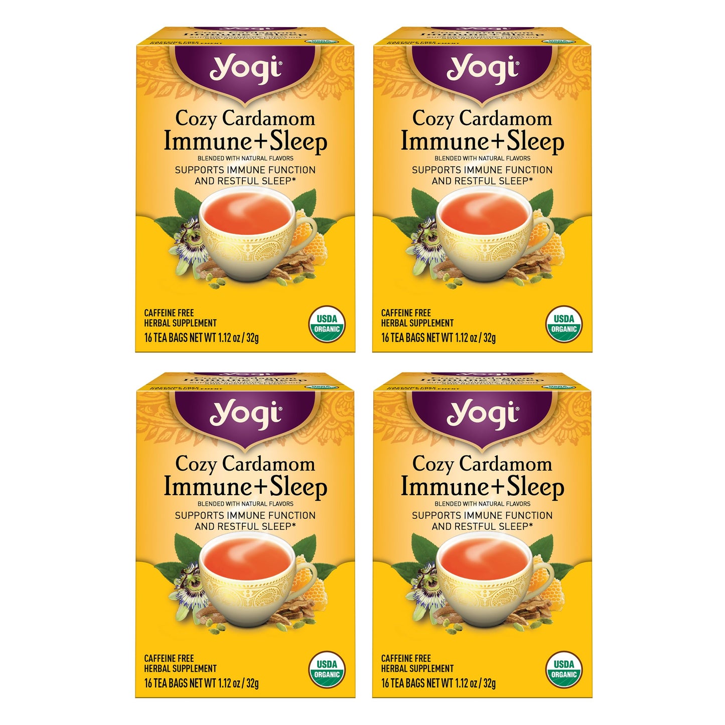 Yogi Tea Cozy Cardamom Immune & Sleep - Organic Herbal Tea for Immune System & Sleep Support - Includes Ashwagandha, Passionflower, Reishi & More - Caffeine-Free - 16 Tea Bags Per Pack (4 Packs)