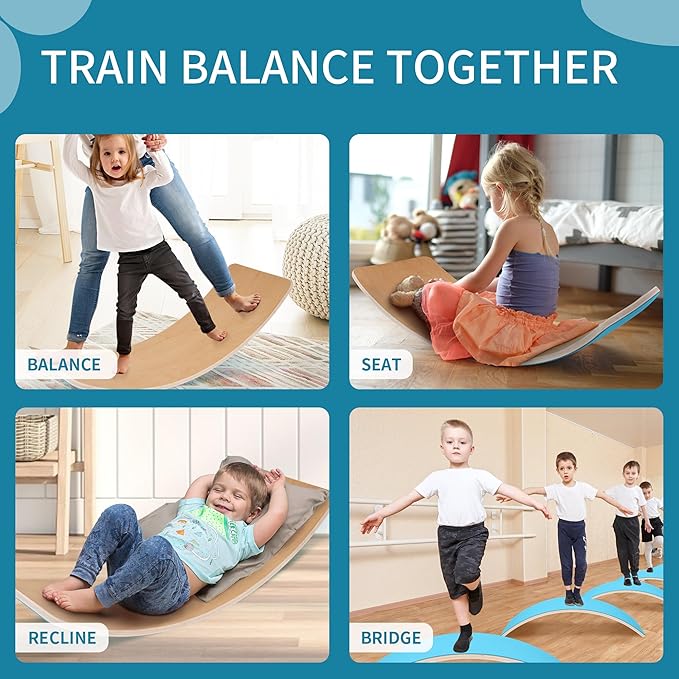 Balance Board, 32 Inch Wooden Wobble Board, Montessori Rocker Yoga Curvy Board Natural Wood, Open Ended Learning Toy, Sensory Play Equipment for Office & Classroom, Multiple Colors