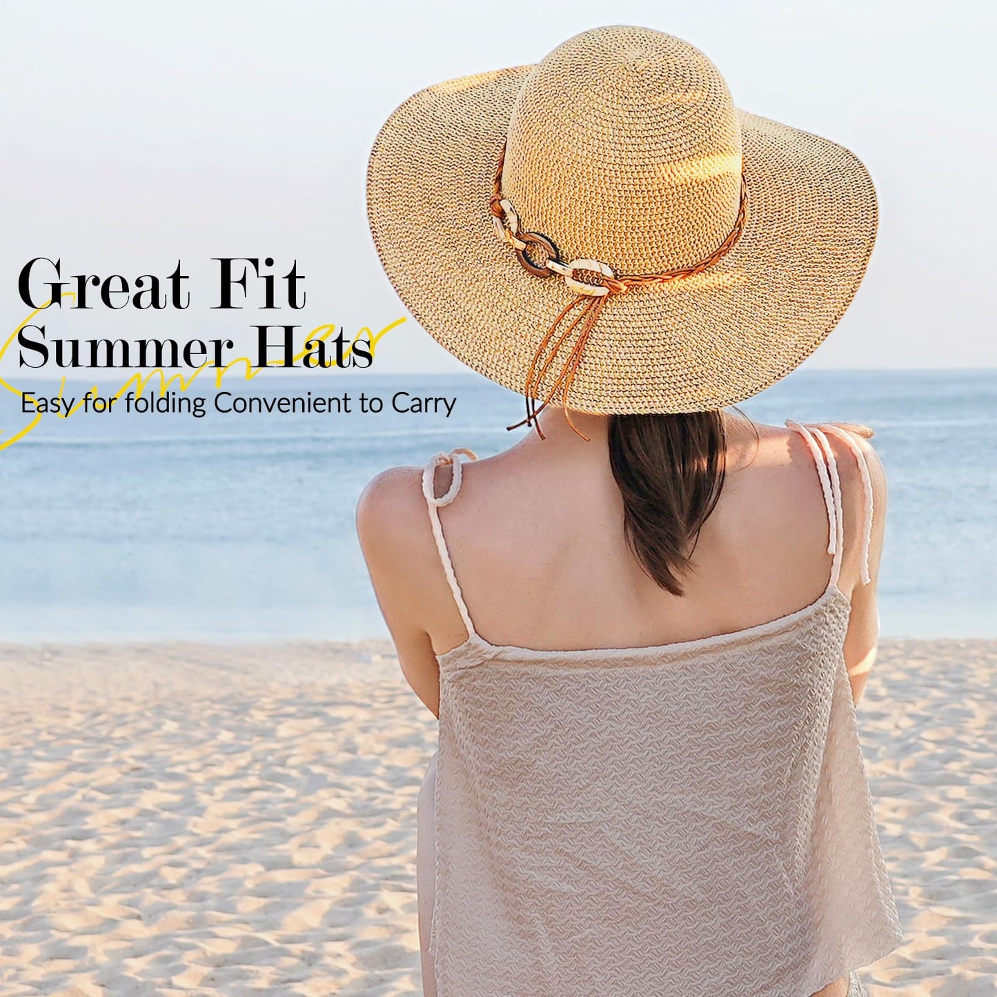 Beach Hats for Women - Sun Hat Womens, Wide Brim Straw Womens Sun Hat with Wind Lanyard Roll Up, Foldable Beach Hat UV Protection