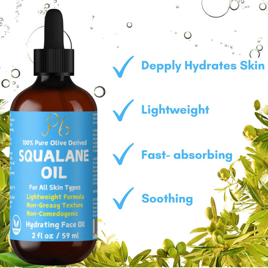 Squalane Oil – 100% Plant-Derived, Lightweight & Fast-Absorbing Squalane Face Oil for Anti-Aging, Dry Skin, Hair & Body | Non-Greasy, Non-Comedogenic Moisturizer | 2 fl oz