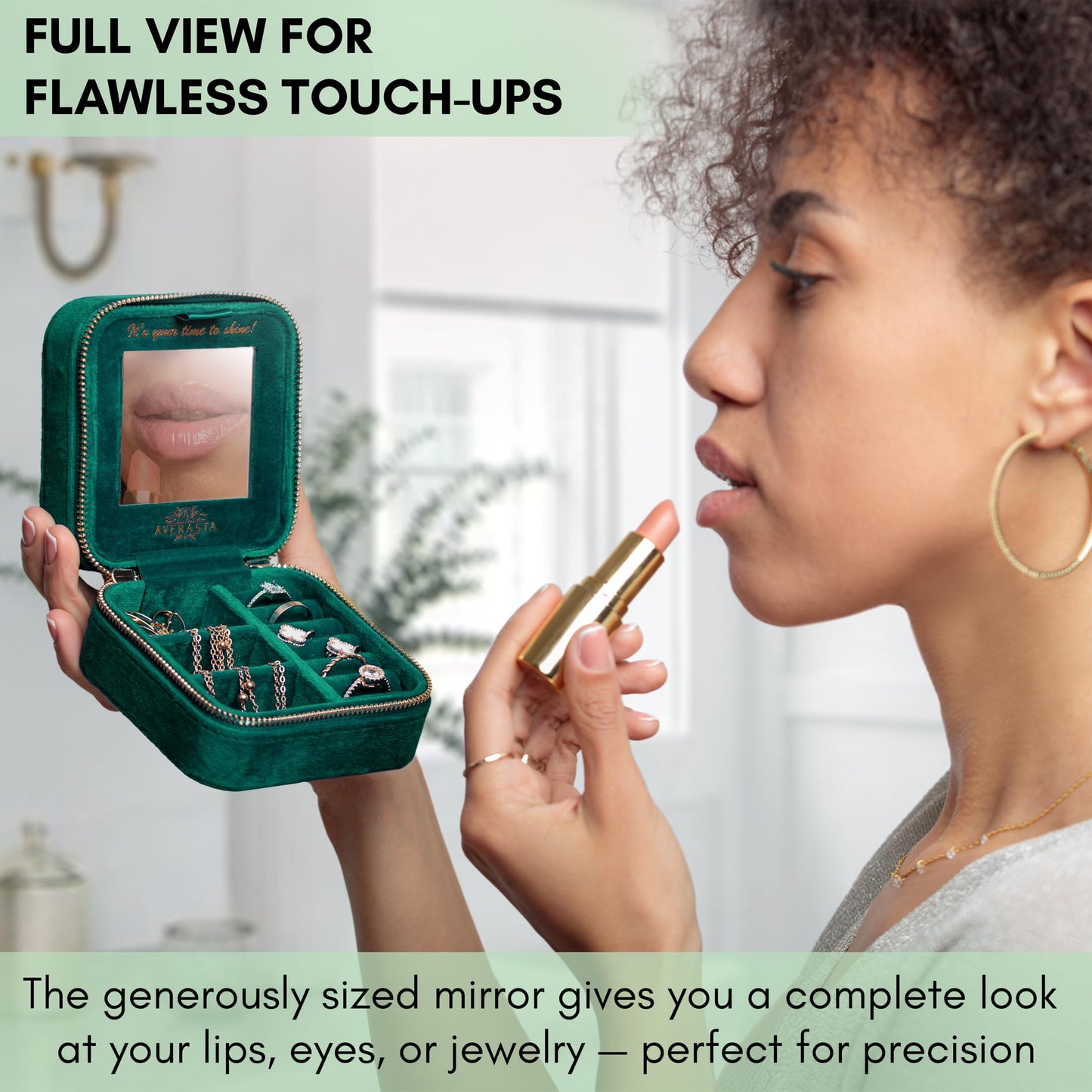 AVERASTA Luxury Velvet Jewelry Box - Travel Jewelry Box - Travel Jewelry Case Organizer with Mirror - Gifts for Women, Mom, Wife, Girlfriend, Her – Emerald Green