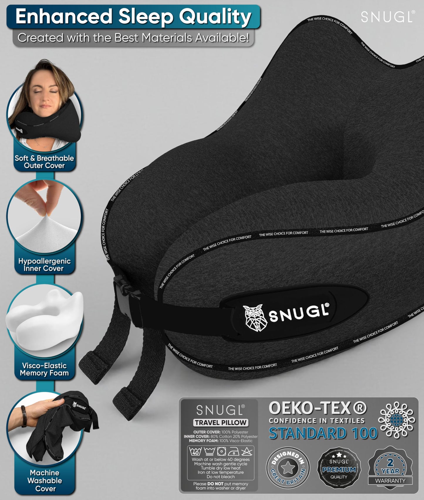 SNUGL Travel Pillow – Memory Foam Pillows - Airplane Neck Pillow with Carry Bag & Clip – Neck Support Travel Pillows - Airplane Essentials (Adult Regular - Black)