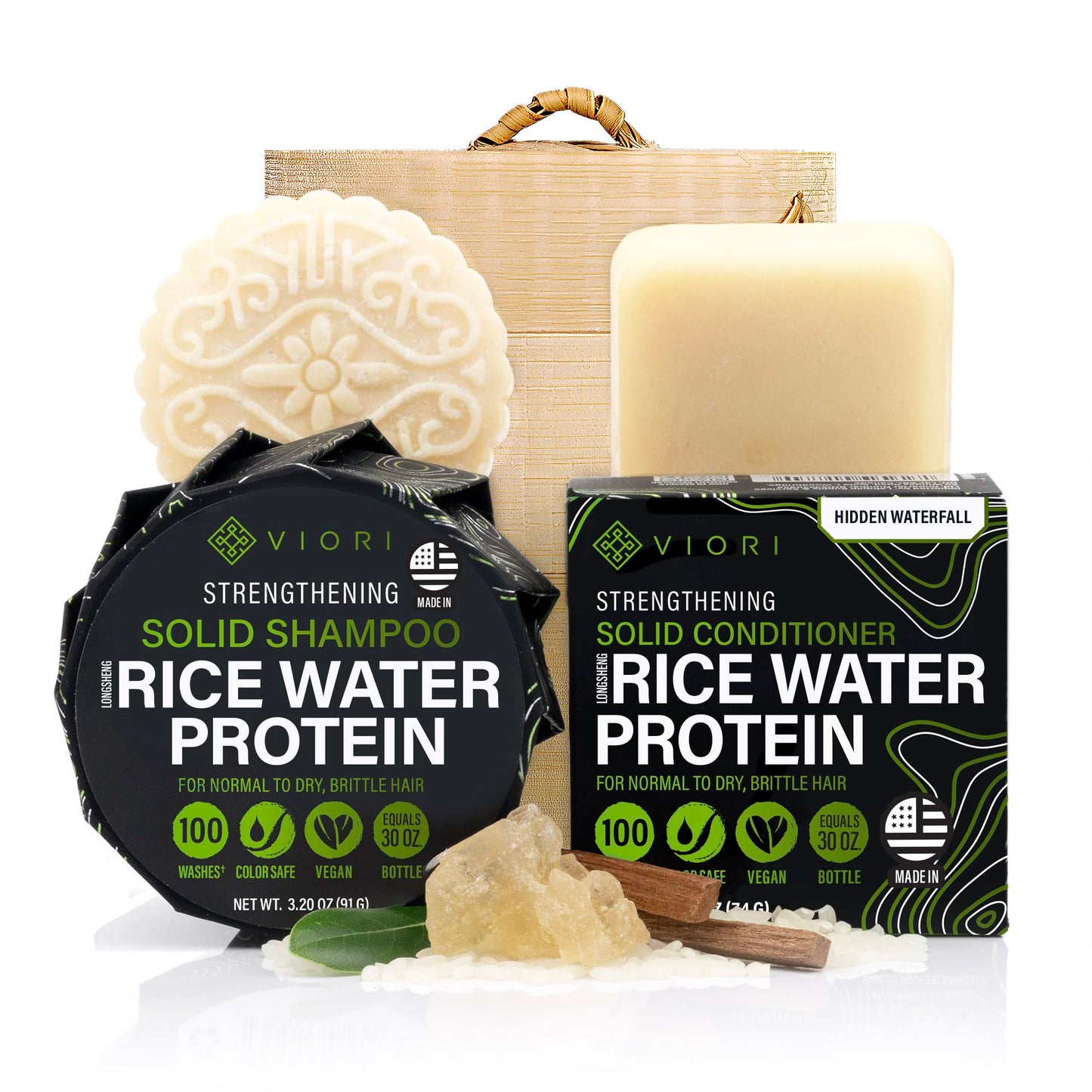 Viori Hidden Waterfall Shampoo and Conditioner Bar Set and Bamboo Holder - Made with Rice Water for Hair Growth - Handcrafted Sulfate Free Shampoo and Conditioner