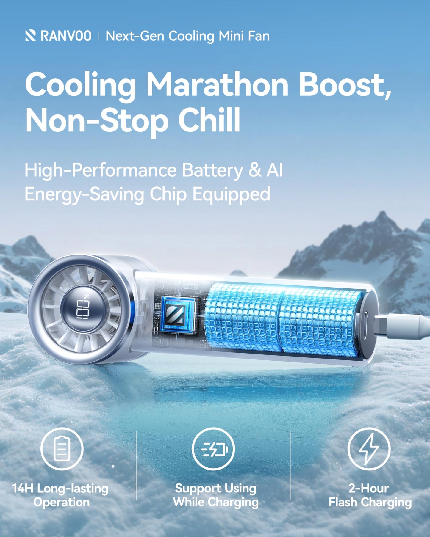 RANVOO 2025 Mini & Powerful Turbo 100 Speeds Cooling Handheld Fan Rechargeable LED Display for Outdoor Travel Portable Hand Fan, Gifts for Women & Men, Stylish, Pearly White