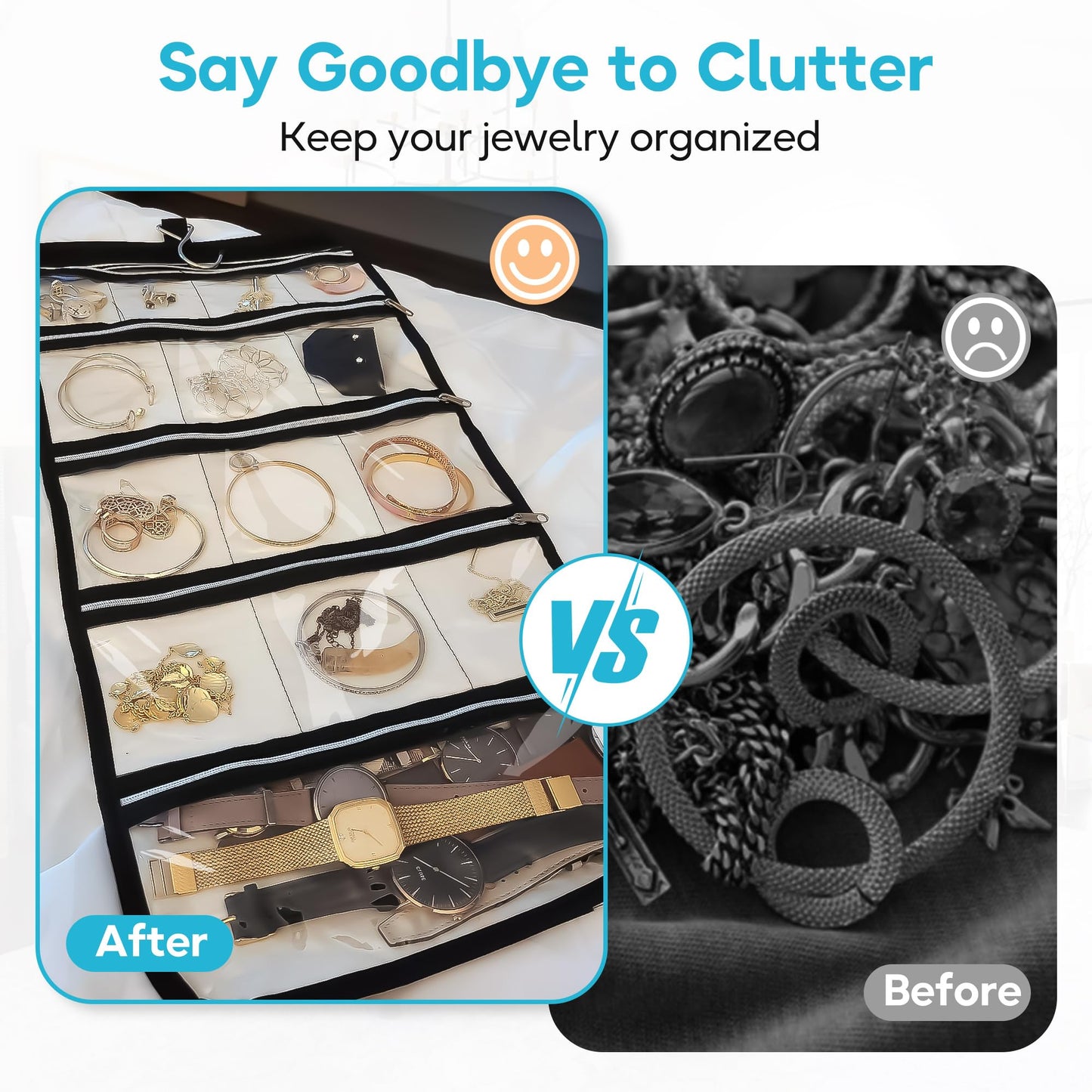 MISSLO Hanging Jewelry Organizer Travel Foldable Jewelry Roll Storage Case with 14 Cotton Zippered Pockets for Traveling, Closet, Suitcase