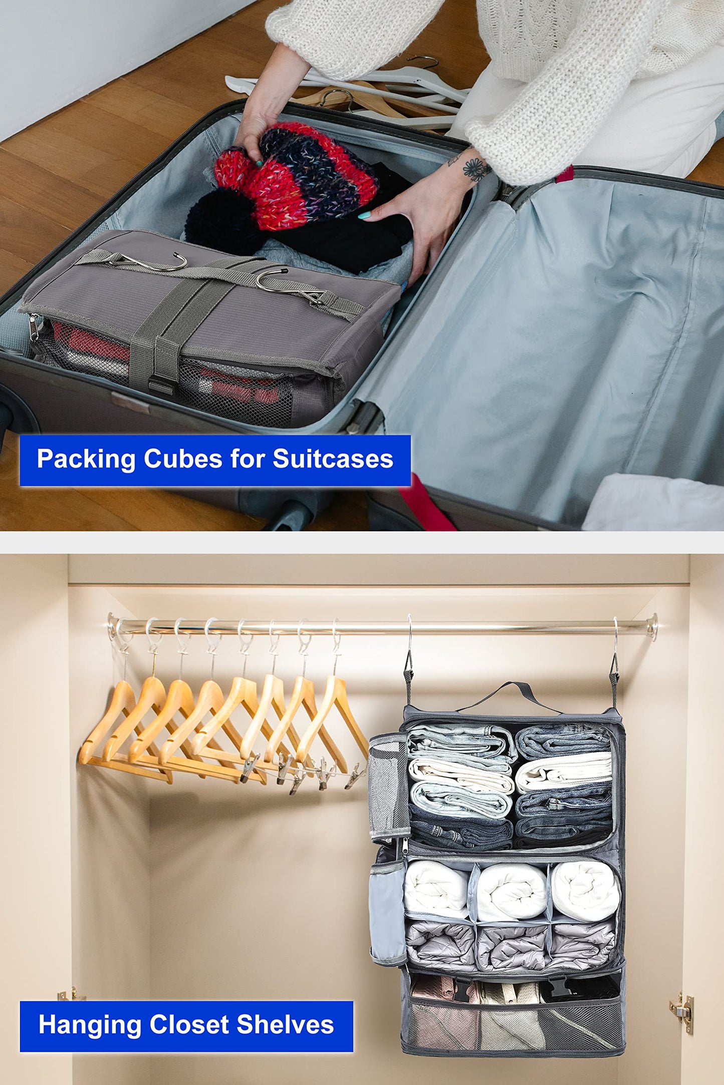 ELEZAY Hanging Packing Cubes Portable Closet 3-Shelf Travel Collapsible Compression Garment Organizer for Carry-on Luggage Suitcase Space Saver Bag X-Large_No Side Pockets, Lightgrey
