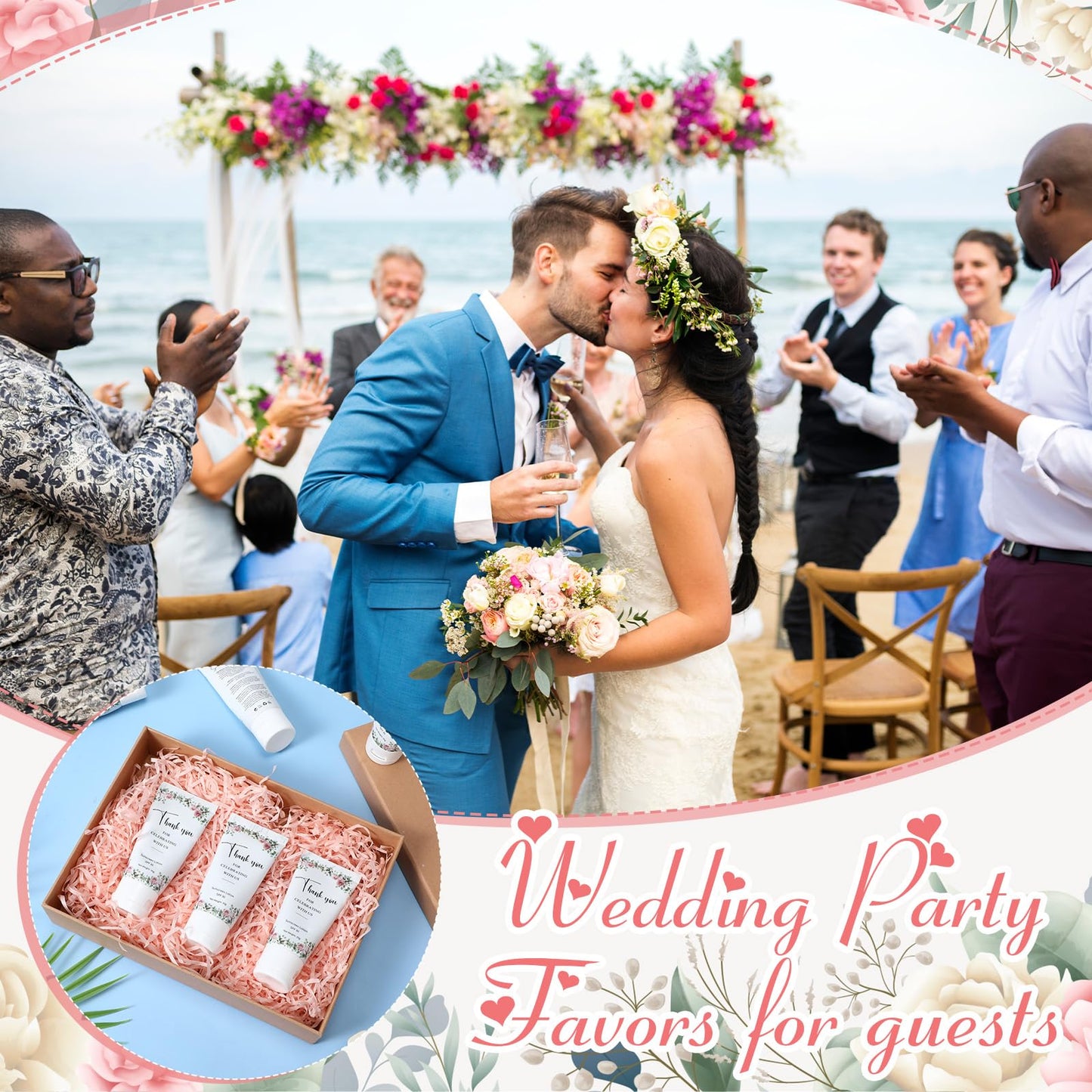 Dansib 24 Pcs Mini Sunscreen Bulk for Summer Wedding Party Spf 30 Water Resistant Sunscreen Lotion Bulk 1oz Travel Size for Thank You Gifts Wedding Party Supplies(White Cream,Floral)