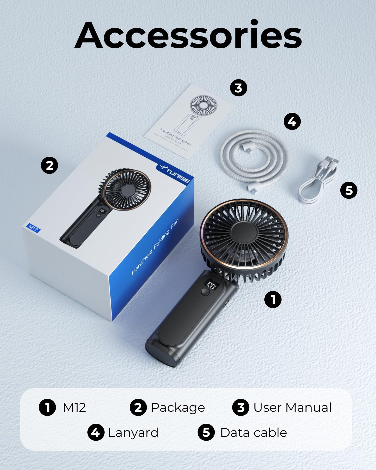 TUNISE Portable Handheld Fan, 4000mAh, 180 Adjustable, 6 Speed Wind, Display Electricity in Real Time, USB Rechargeable Foldable Personal Fan