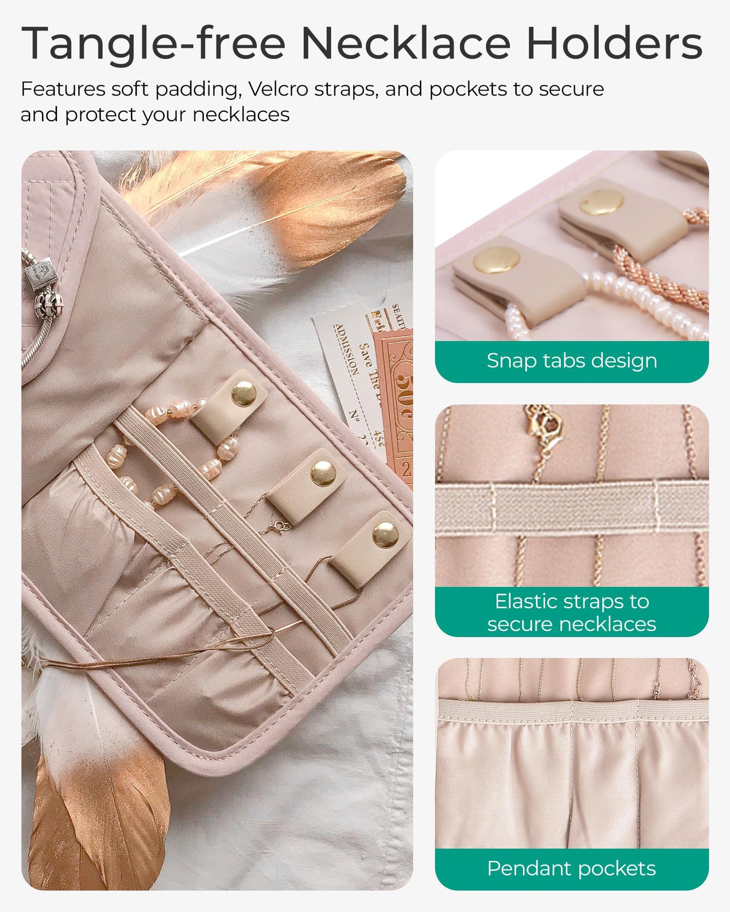 BAGSMART Travel Jewelry Organizer Case Foldable Jewelry Roll for Journey Rings, Necklaces, Earrings, Bracelets,Mini,Soft Pink