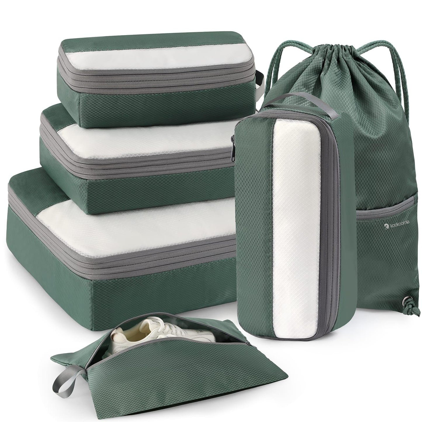 Kookoomia 6 Set Compression Packing Cubes for Travel, Bonus Versatile Drawstring Backpack, Lightweight Luggage Organizer Bags, Sturdy Travel Accessories for Suitcase, Dark Green