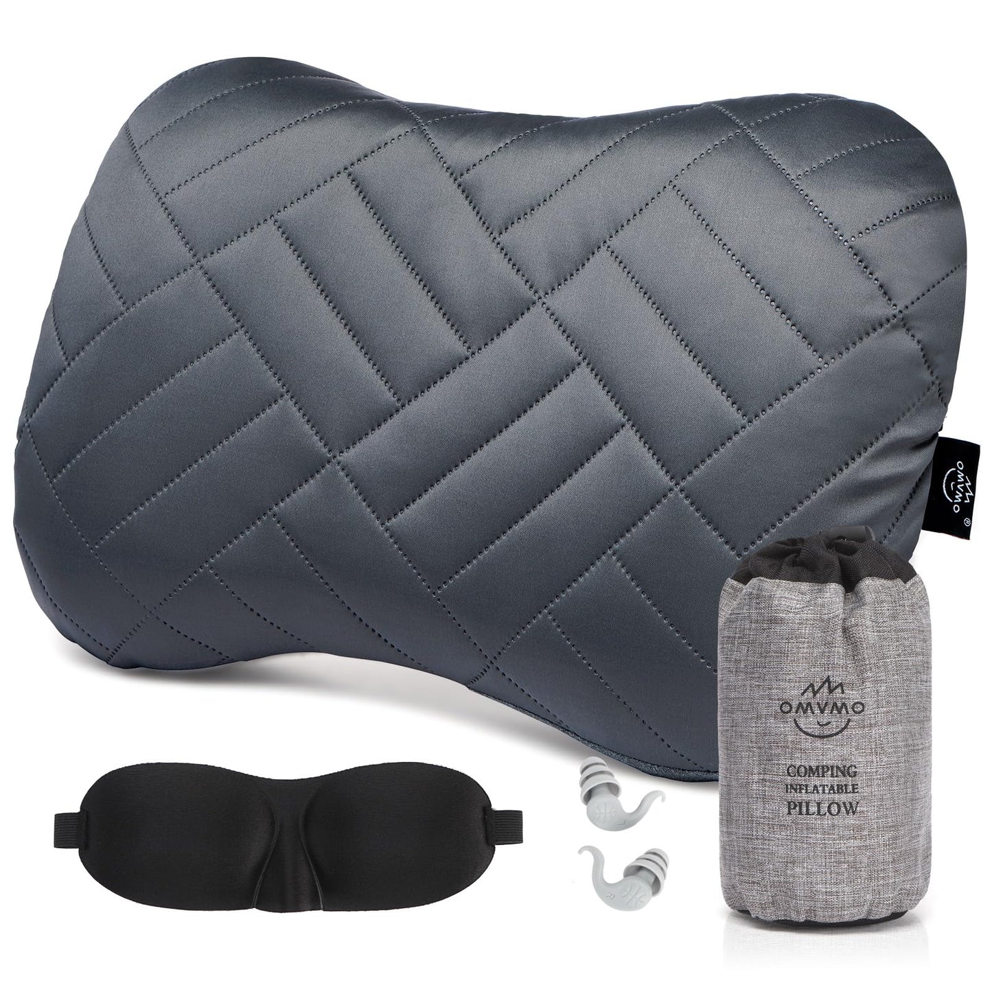 OMVMO Camping Pillow with Washable Removable Cover -Ultralight Inflatable Pillow for Neck Lumbar Support with Silicone Silent Earplugs and 3D Sleep Eye Mask-Travel Air Pillows for Hiking,Backpacking
