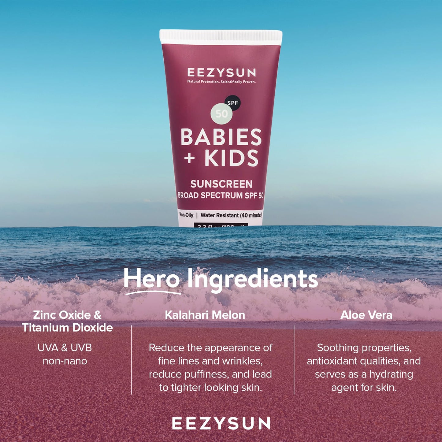 EEZYSUN Babies & Kids SPF 50 Mineral Sunscreen | Dermatologically Tested for Sensitive Skin | Contains Aloe Vera | Sweat/Water Resistant | Cruelty-Free | Reef-Safe | Travel Size - 3.3 FL OZ