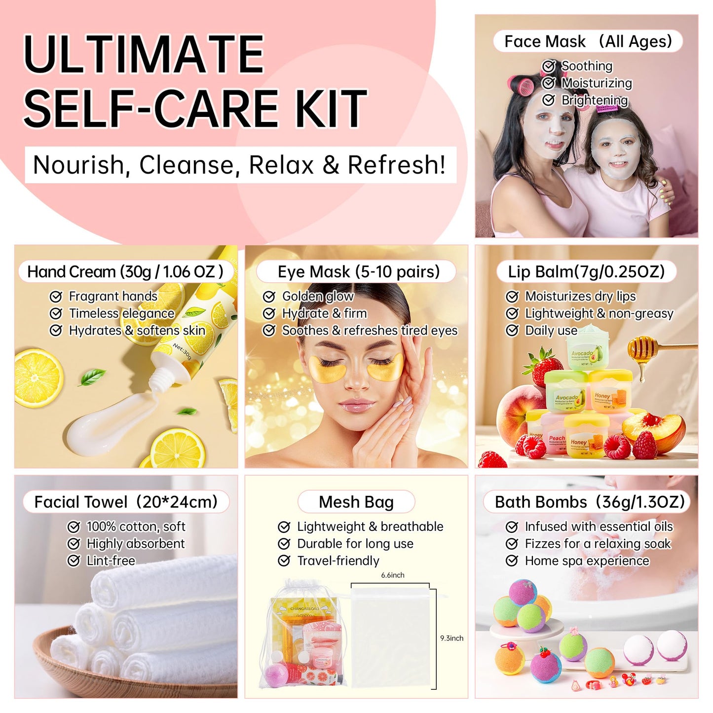 35 Pcs Spa Party Supplies for 5 – Spa Gifts for Women, Girls & Kids | Spa Set with Eye & Face Masks, Lip Balm, Hand Cream, Bath Bombs, Towels & Gift Bags | Spa Kit for Birthdays, Sleepovers, Spa Days